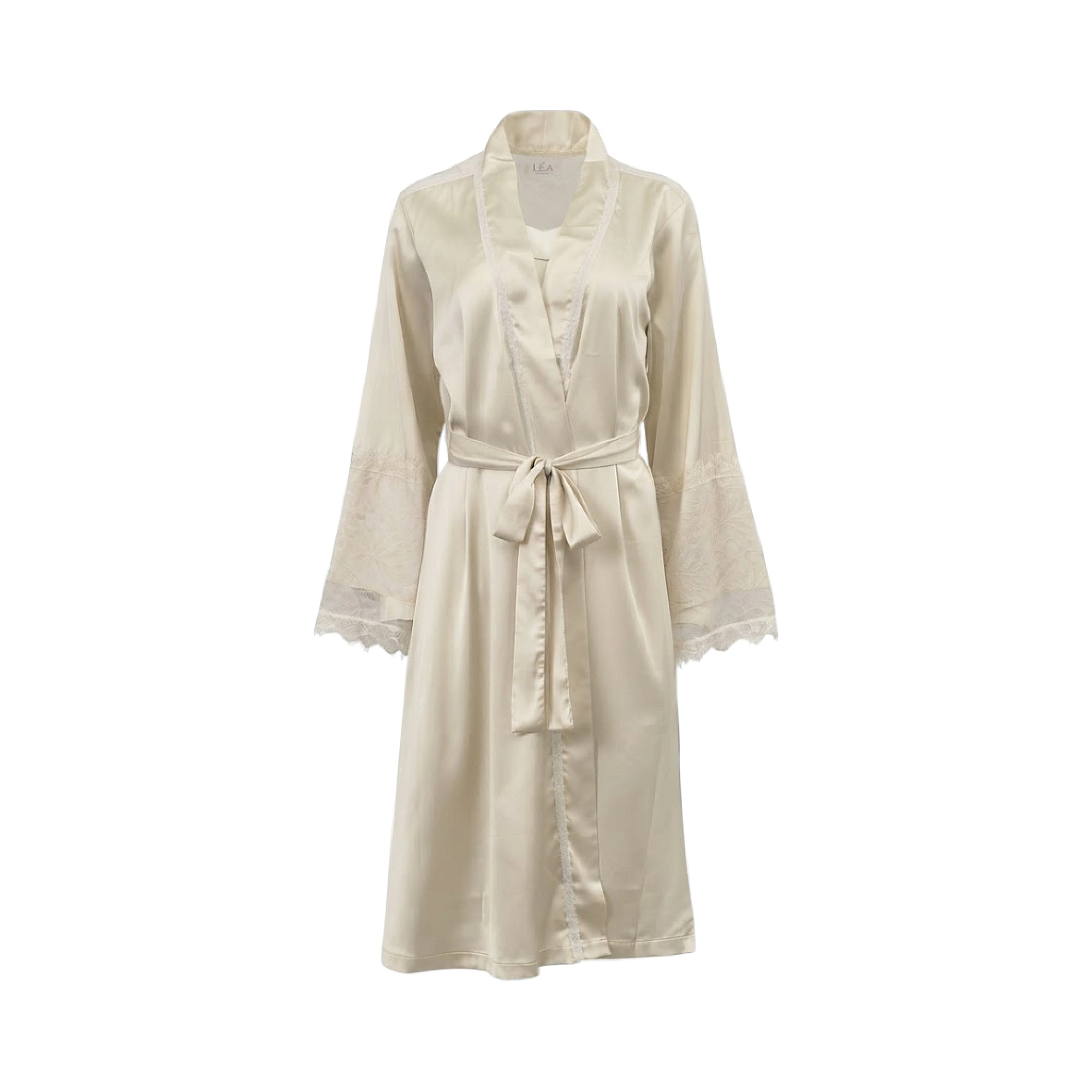 Ivory midi-length satin wrap robe with a shawl collar, self-tie belt, and lace inserts on the sleeves with scalloped cuffs.