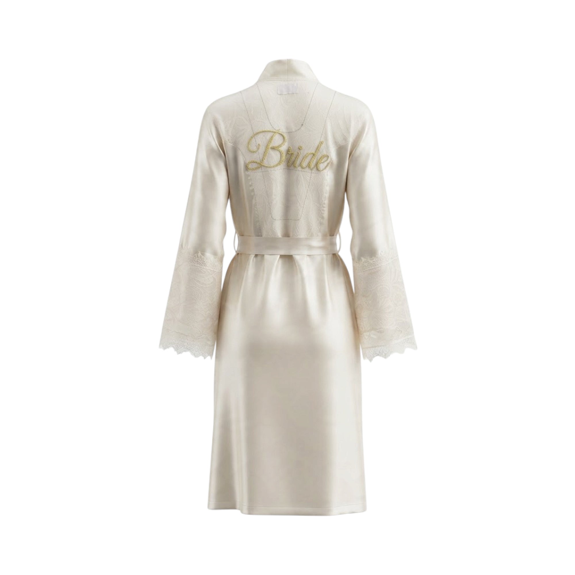 Ivory satin midi robe with gold-toned 'Bride' embroidery on the back, lace-trimmed sleeves, and a self-tie belt.