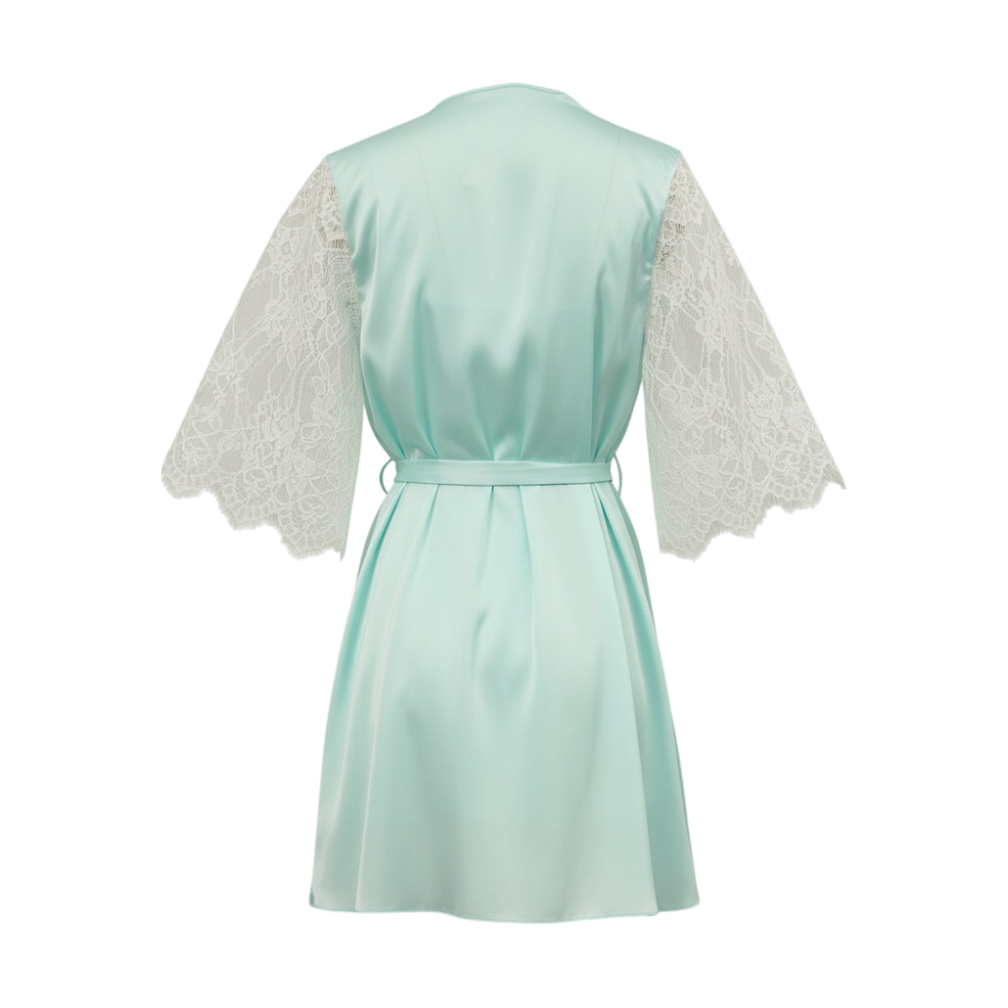 Mint green satin robe with wide white eyelash lace sleeves, scalloped edges, and a self-tie belt at the waist.