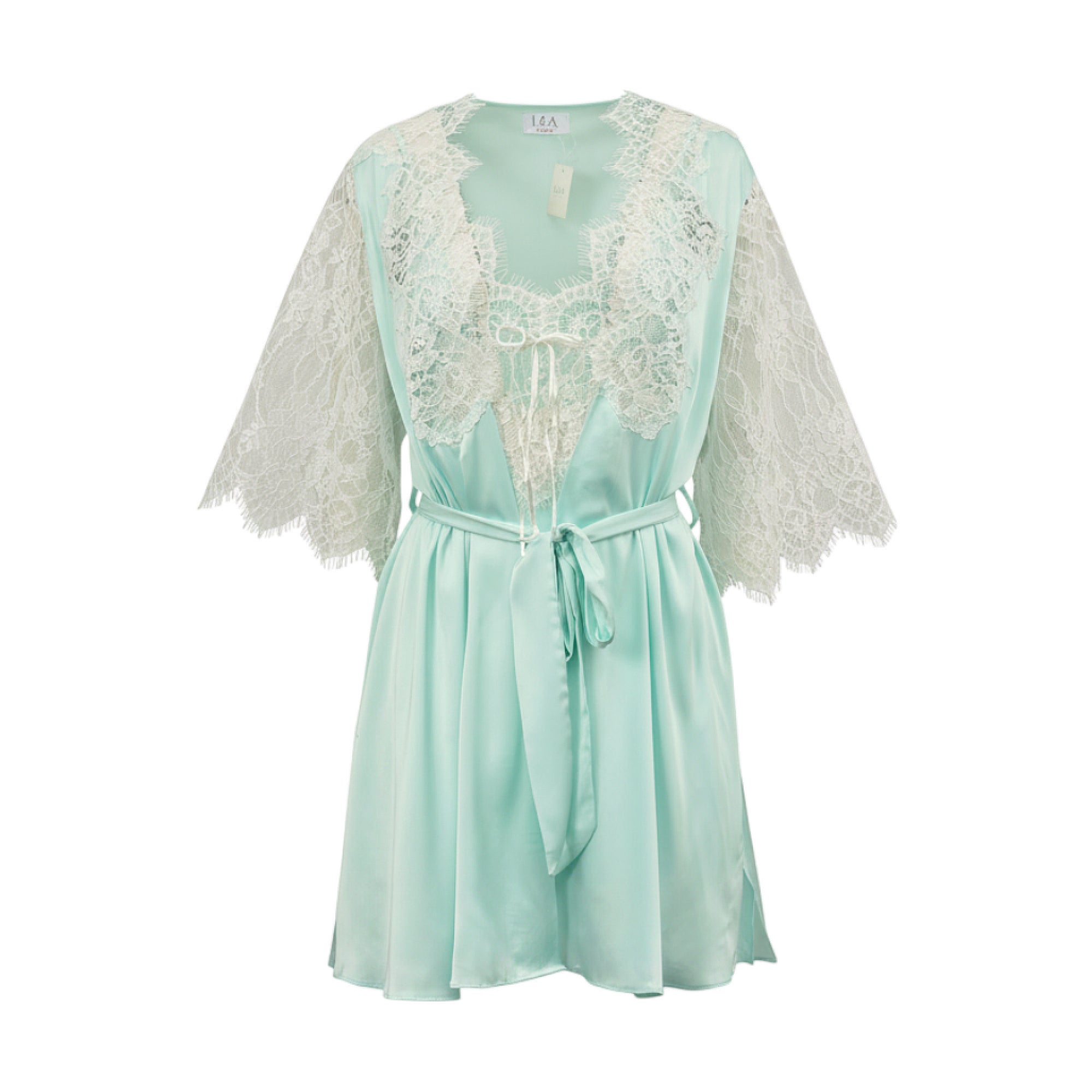 Light mint green silky satin robe with off-white eyelash lace trim on V-neckline and wide elbow-length sleeves, tied at waist