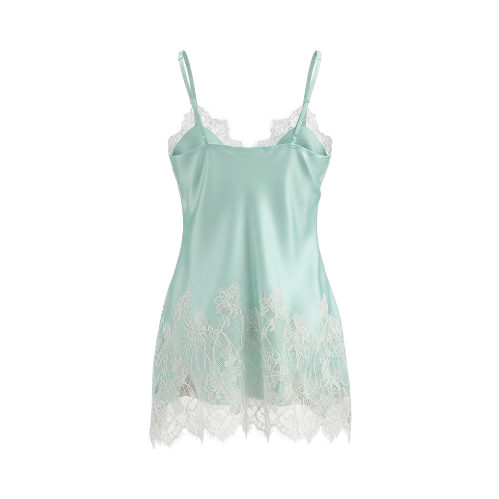 Mint green satin slip dress with thin adjustable straps, white eyelash lace trim on the neckline, and a wide white lace panel
