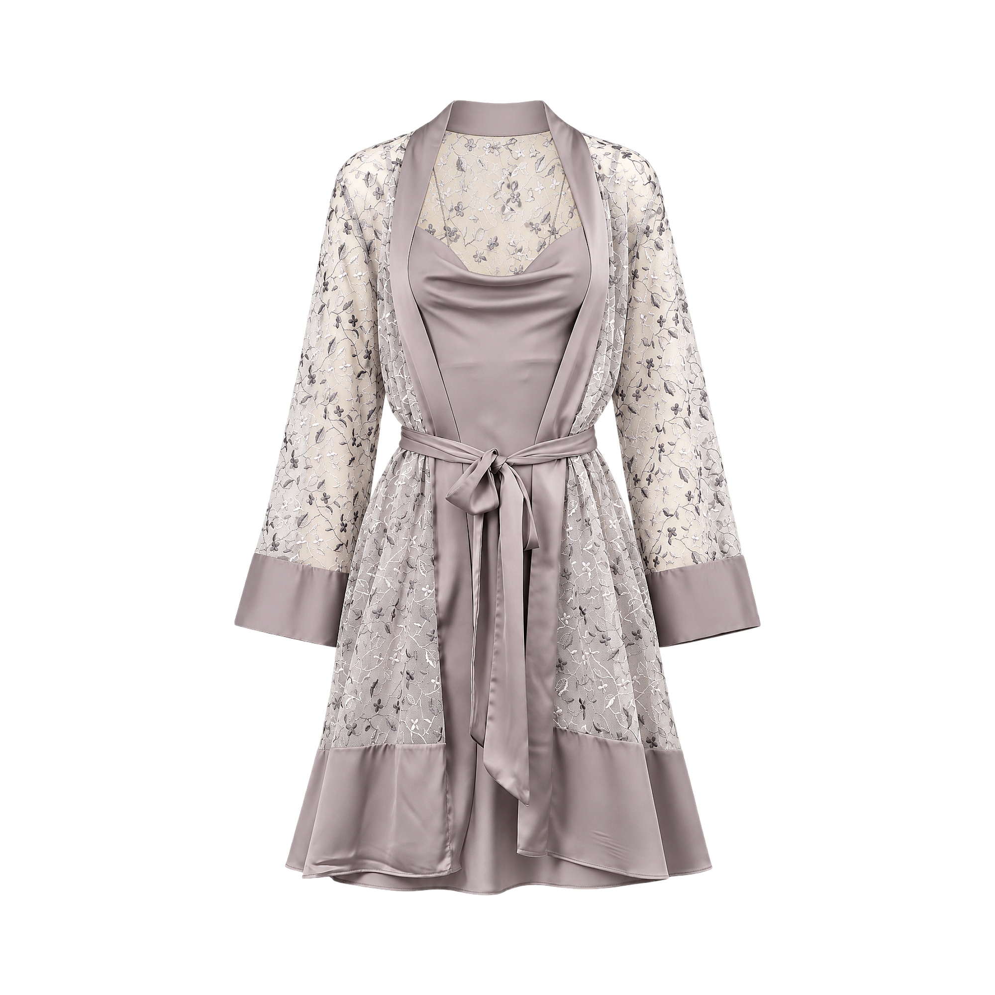 Mauve satin and sheer embroidered robe with matching cowl neck camisole, tied with a self-belt.