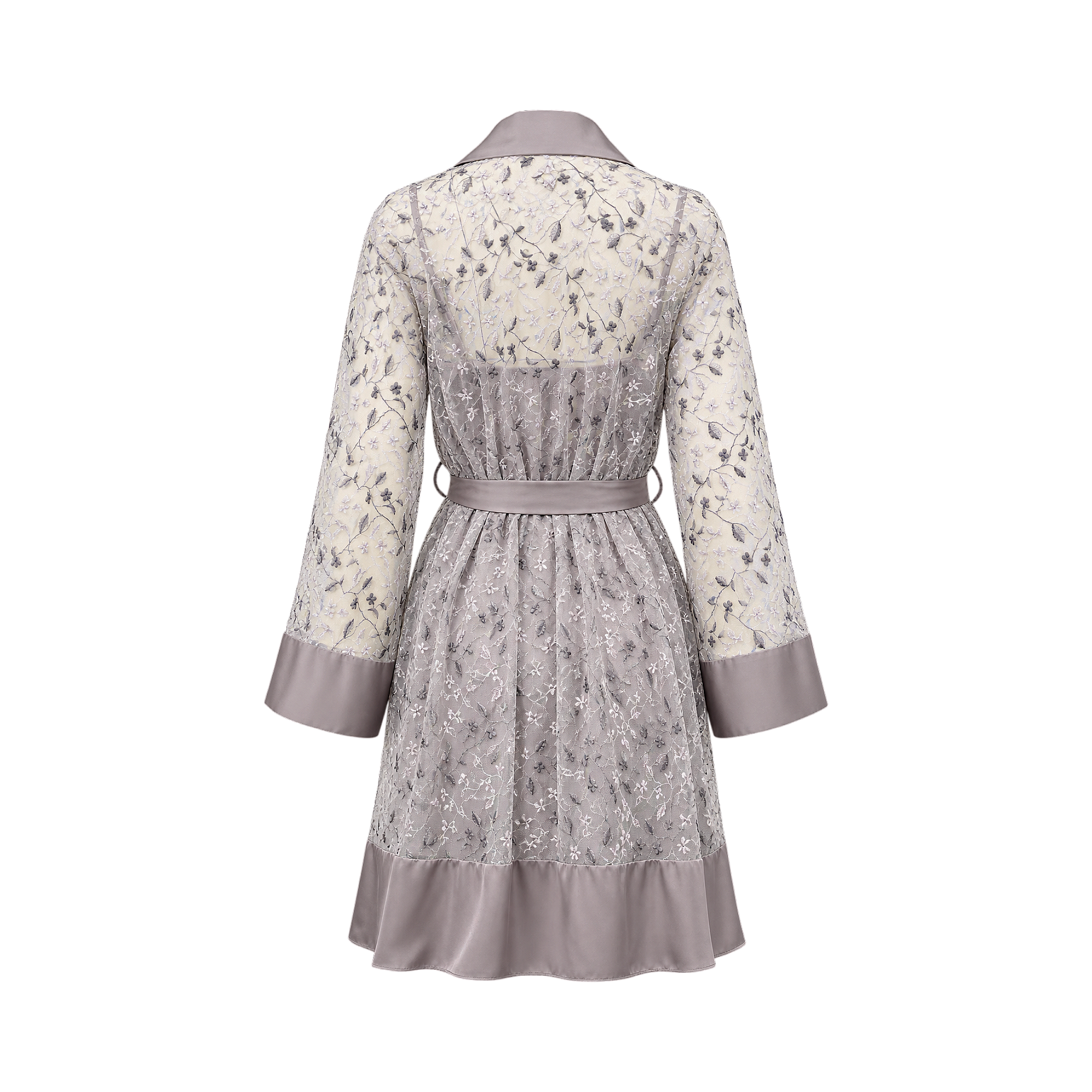 Sheer cream robe with grey floral embroidery, grey satin collar, wide cuffs, hem, and tie belt.