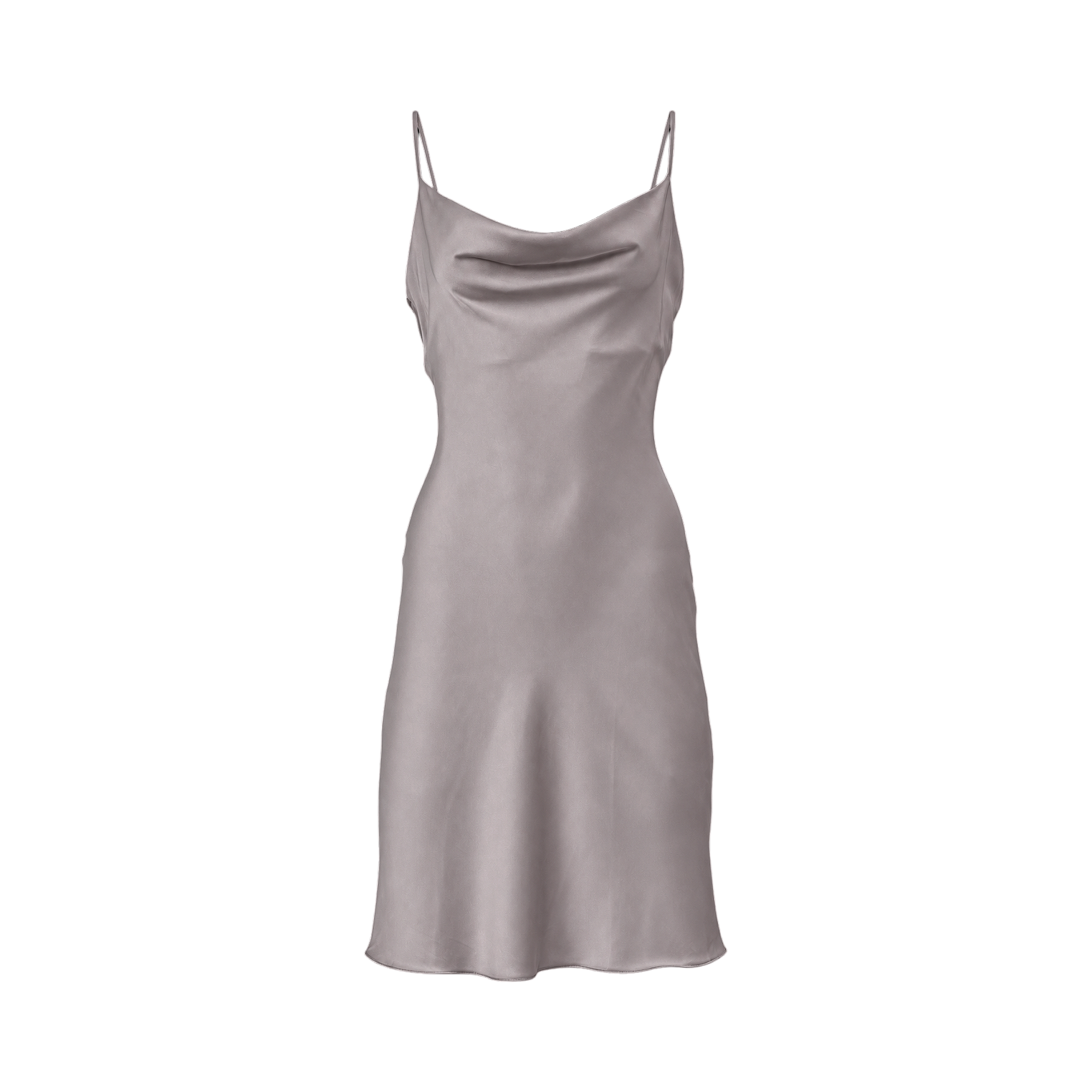 Silvery-grey satin slip dress with a cowl neck and thin spaghetti straps, short length.