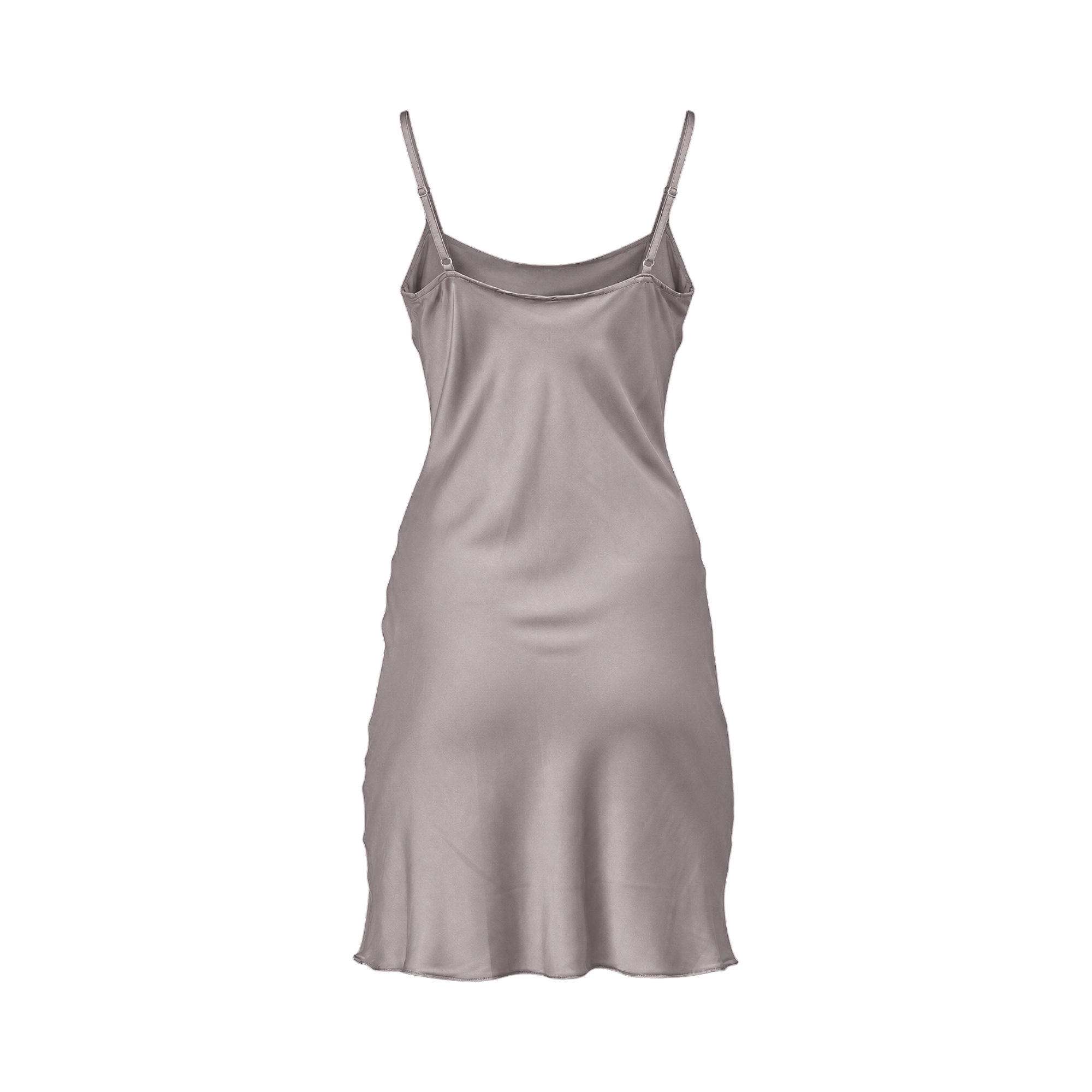 Light grey satin slip dress with adjustable spaghetti straps and a scoop back.