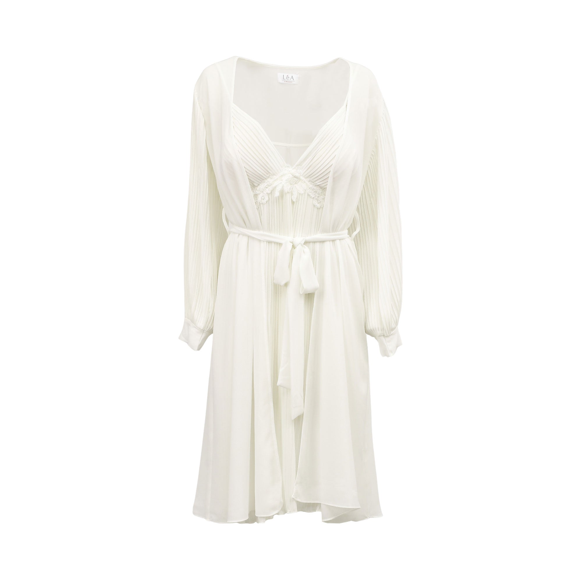 Off-white LEA chiffon pleated midi lingerie set with an embroidered silky slip and a self-tie outer robe.