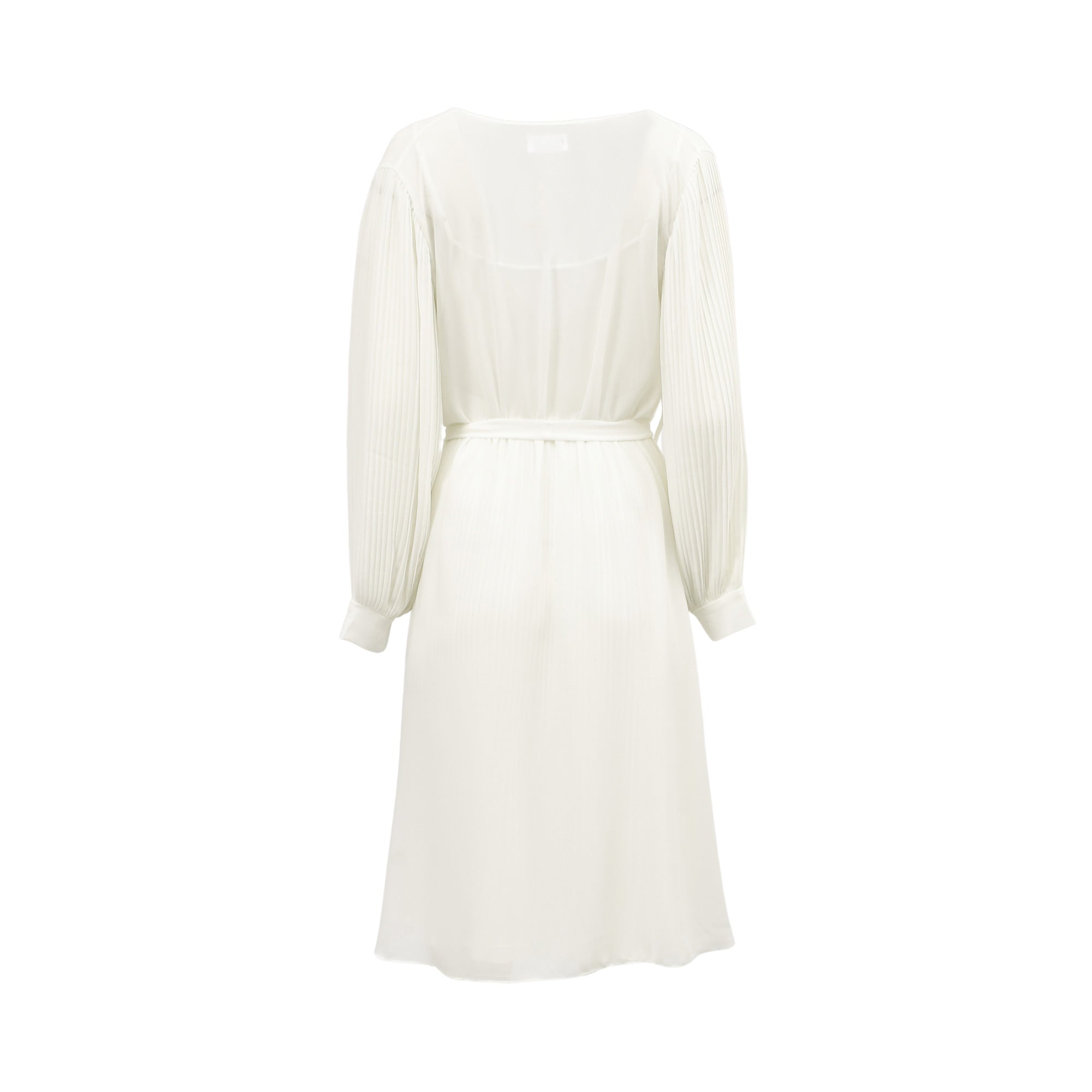White pleated chiffon midi robe with long cuffed sleeves and a tie-waist. Back view.