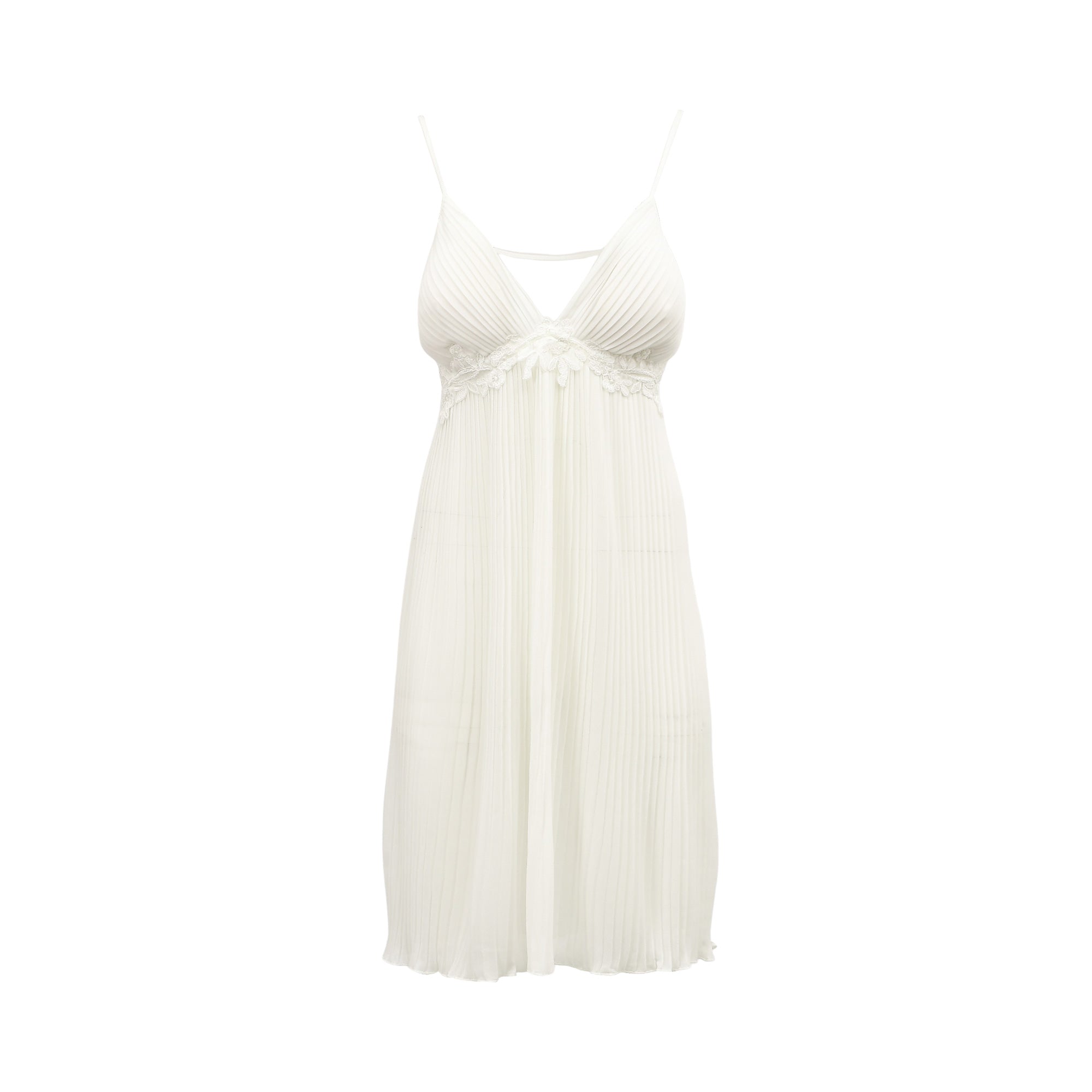 White pleated chiffon midi slip with spaghetti straps, V-neck, and embroidered lace trim.
