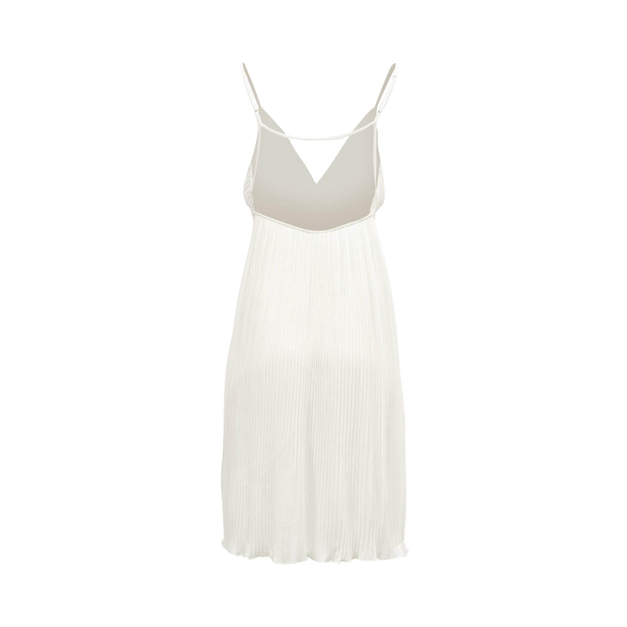 White pleated chiffon midi slip dress with thin straps, a deep V-back, and a ruffled hem.