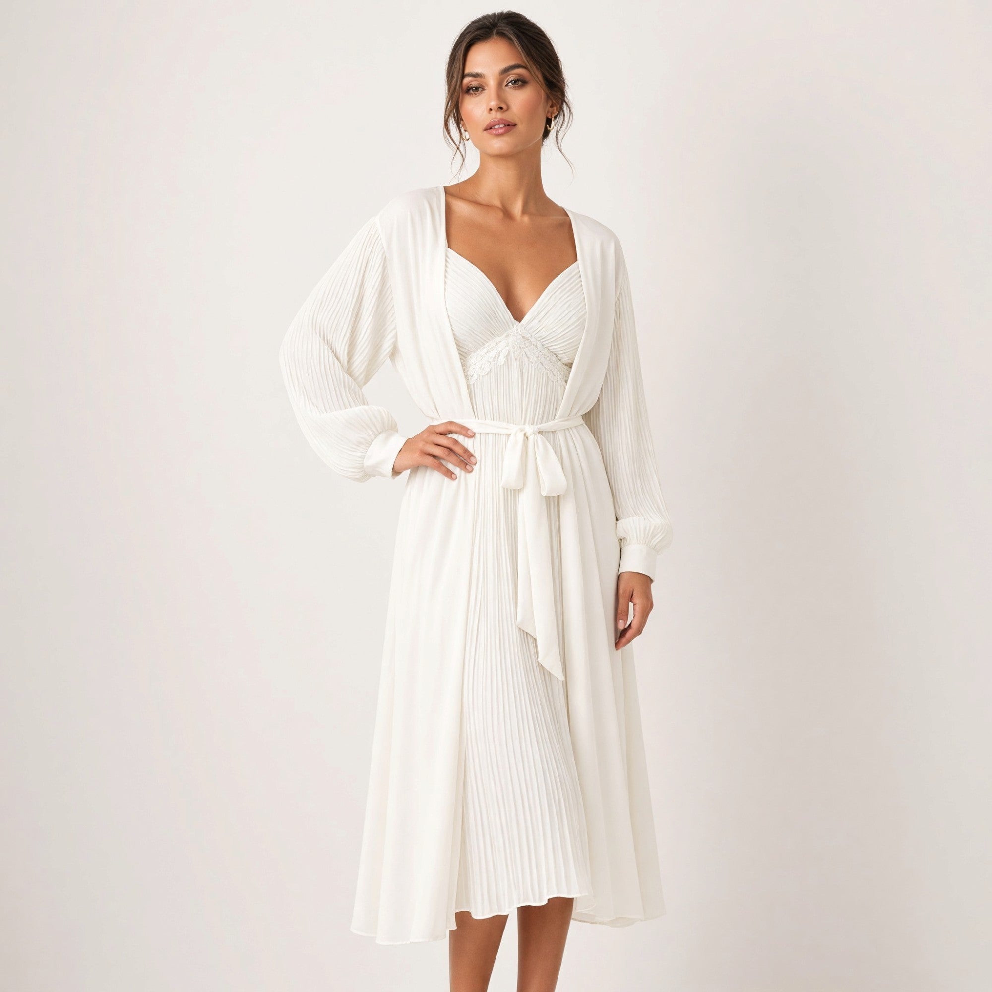 White chiffon pleated midi lingerie set: V-neck slip with embroidered bust and pleated skirt, and a long-sleeved open robe wi