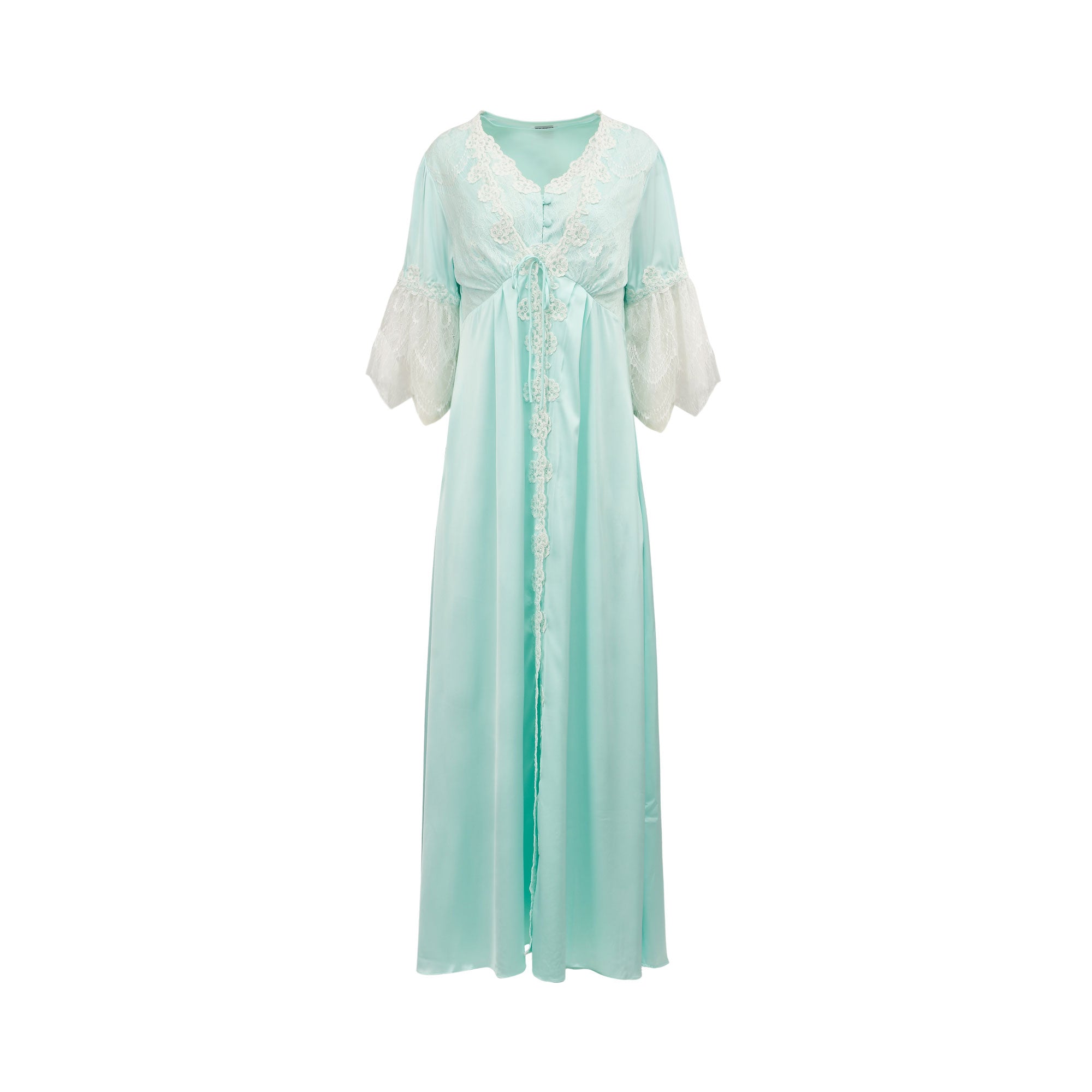 Light blue long satin robe with white eyelash lace trim on V-neck, front opening, and bell sleeves, with a tie-front.
