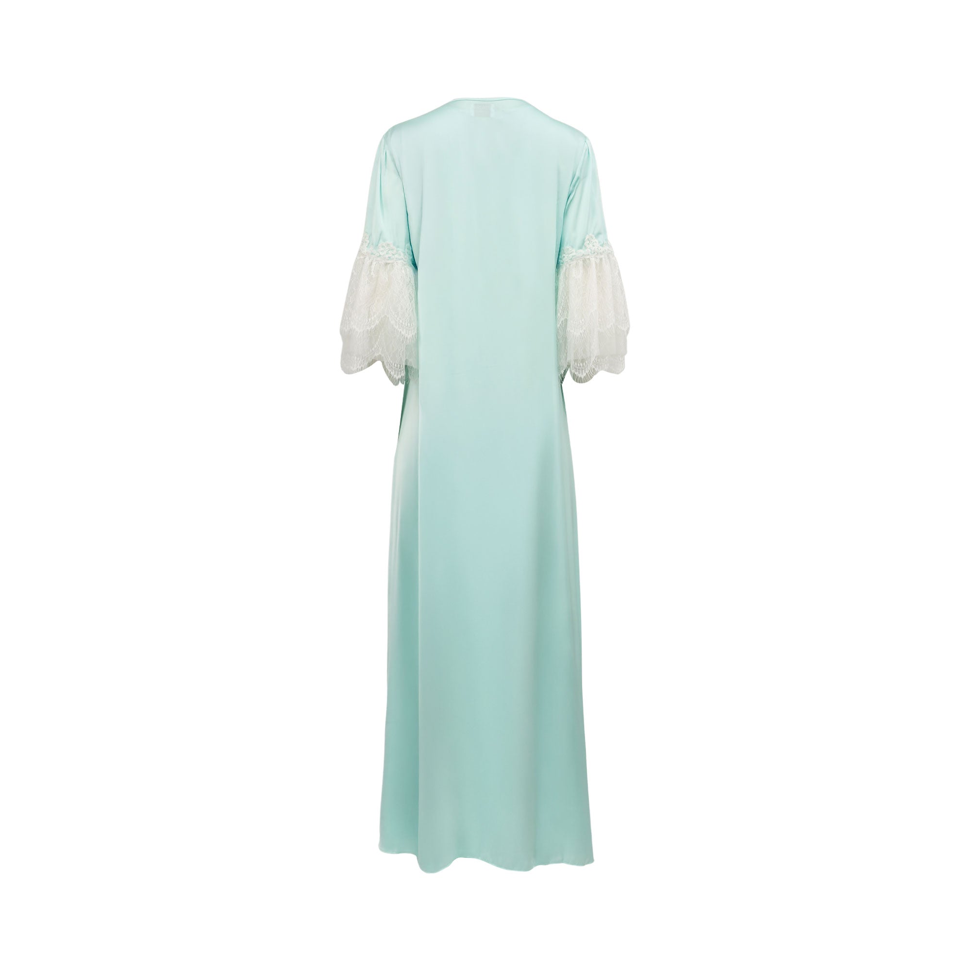 Light blue satin long robe with three-quarter bell sleeves and white eyelash lace trim.