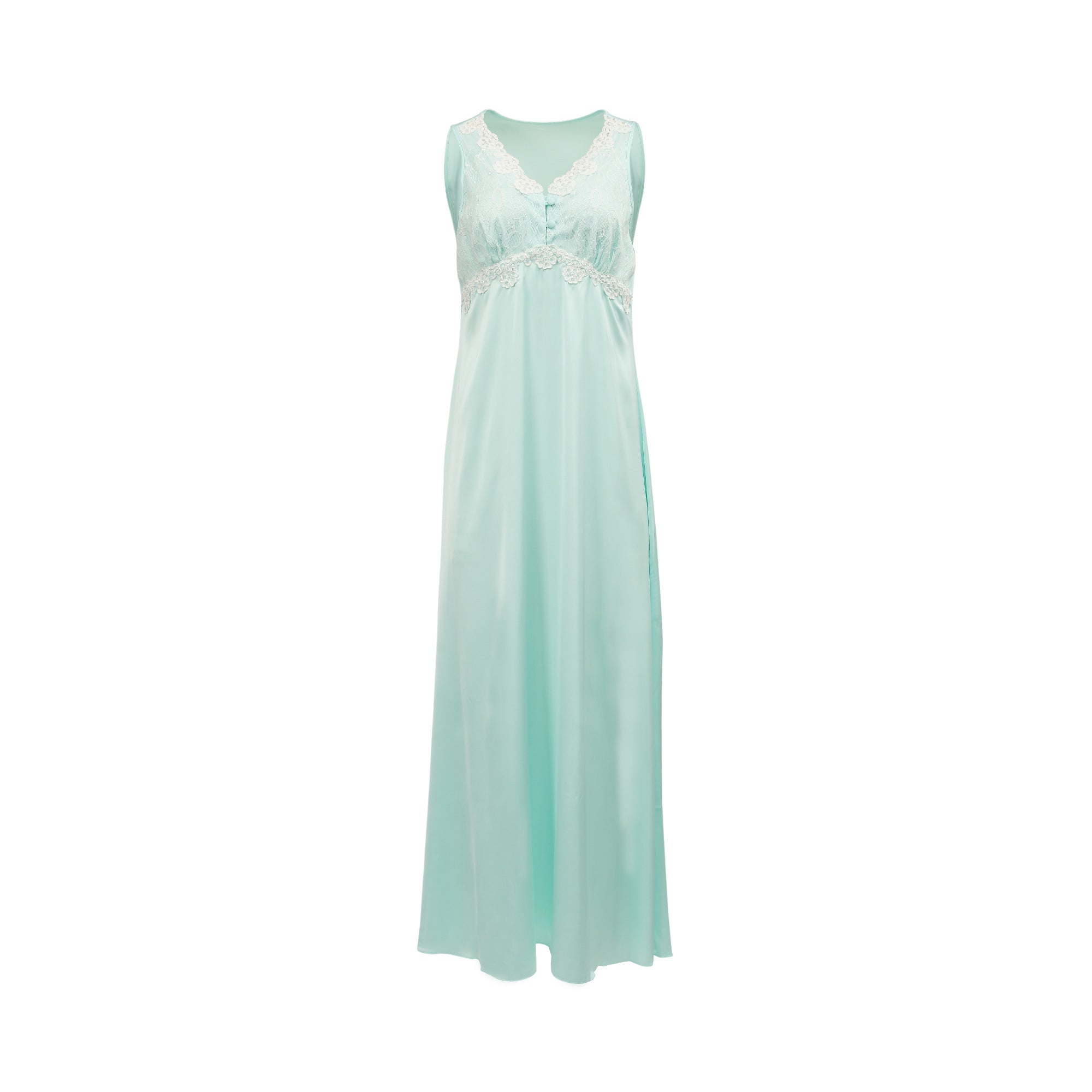 Long mint green silky nightgown with white eyelash lace trim on V-neck and under bust, three buttons.