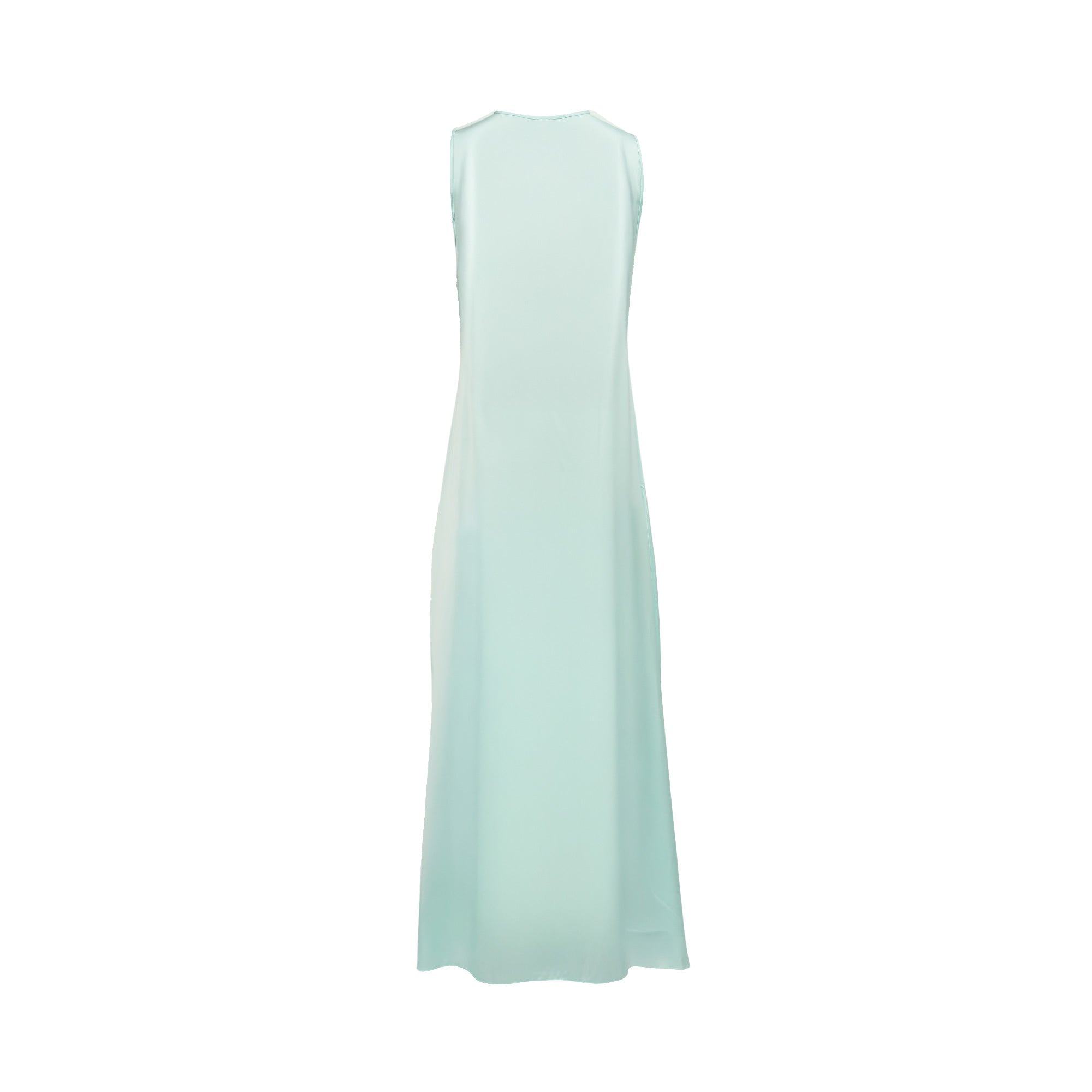 Pale green silky sleeveless long slip dress with a rounded neckline, viewed from the back.