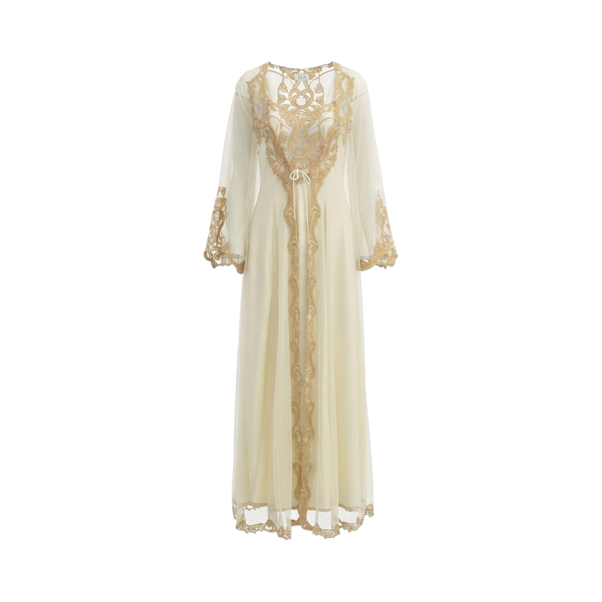 Ivory sheer long robe with wide sleeves and extensive gold-toned ornate embroidery on front, neckline, cuffs, and hem.