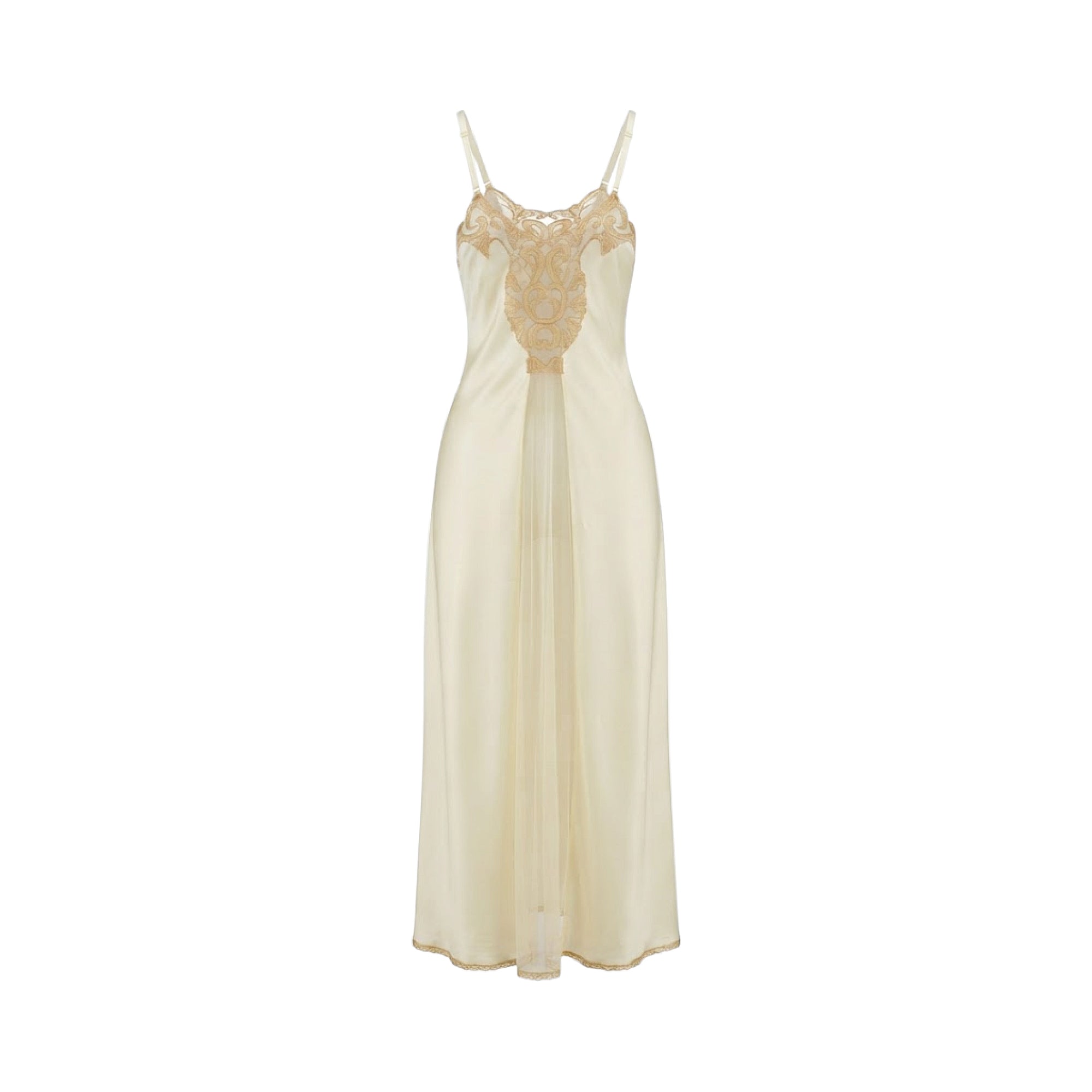 Ivory long slip dress with spaghetti straps, gold-toned floral embroidery on the bust, a sheer center front panel, and lace h