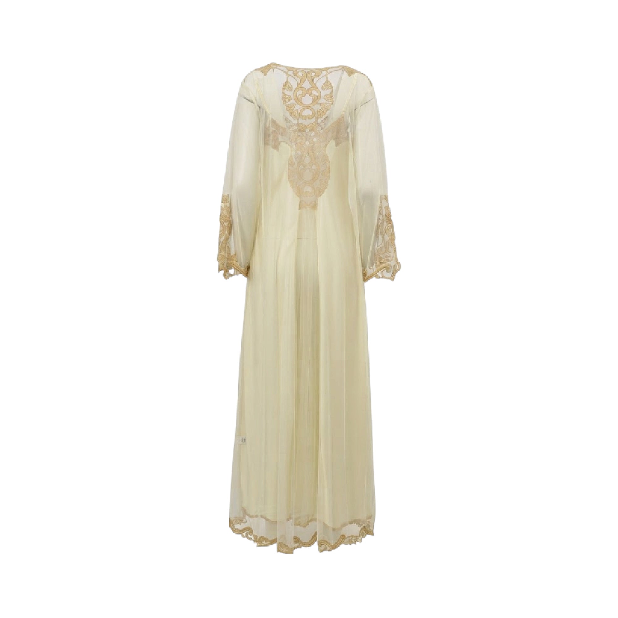 Ivory sheer long robe with intricate gold-toned embroidery on the upper back, long sleeves, and bottom hem.