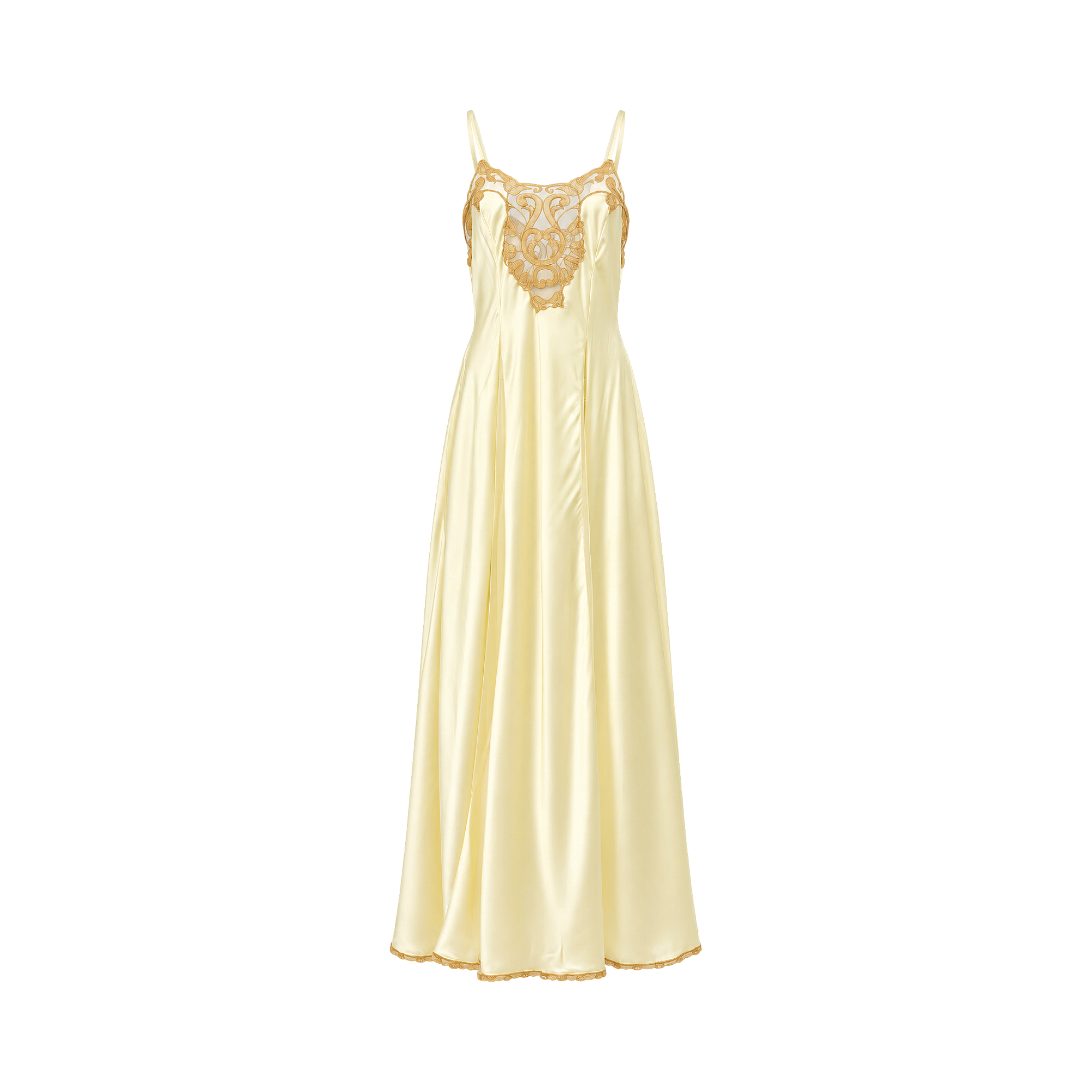 Ivory satin-like long slip dress with spaghetti straps, intricate gold-toned embroidery on the sheer bust, and gold-toned lac