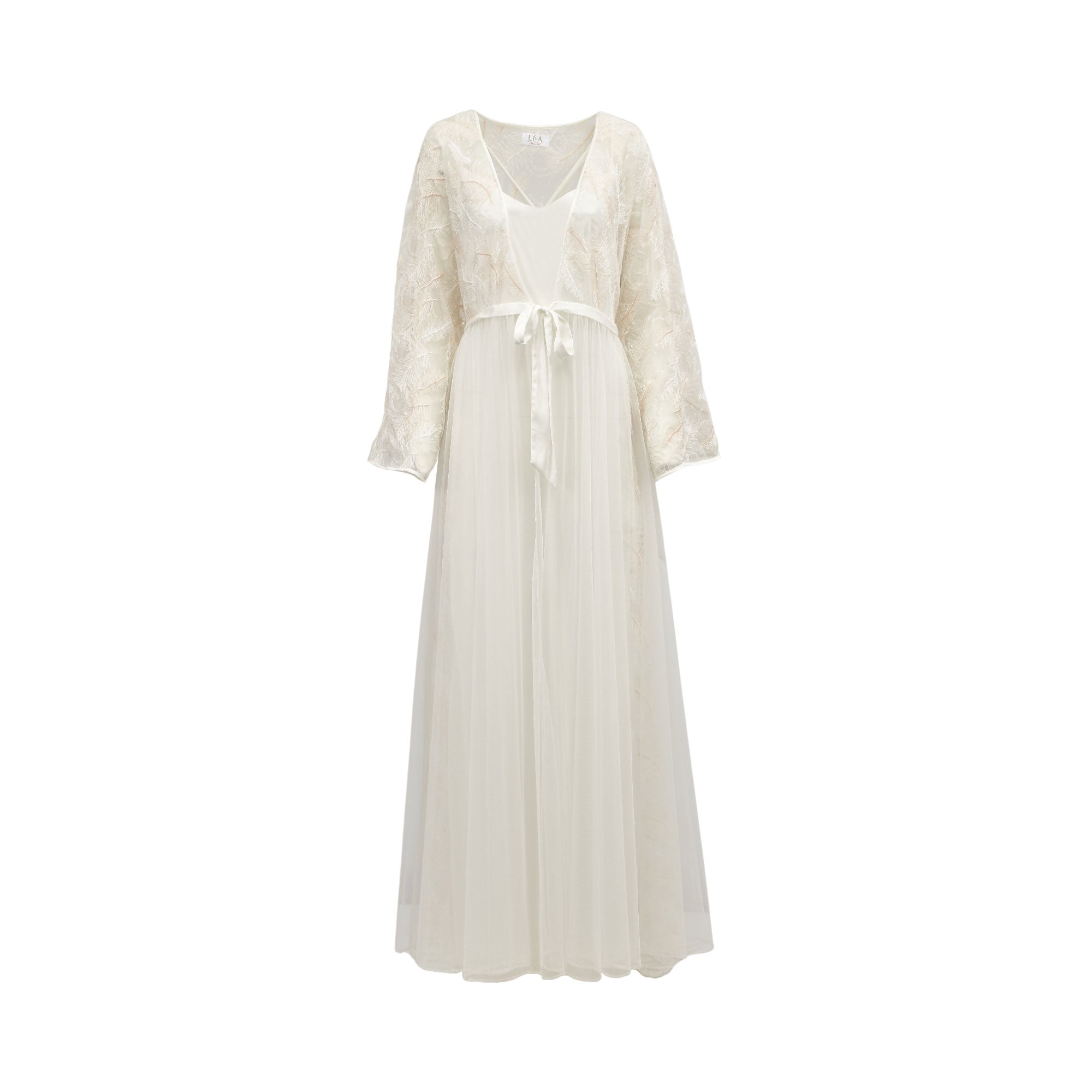 Cream two-piece set: V-neck satin and mesh long slip dress, with a long-sleeved, open-front embroidered mesh robe and satin w