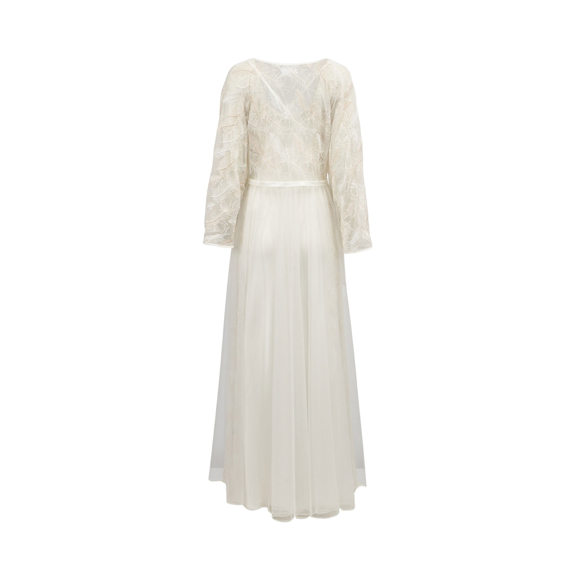 Off-white long-sleeved mesh top with leaf embroidery, shallow V-back, and a long sheer mesh skirt with satin waist tie.