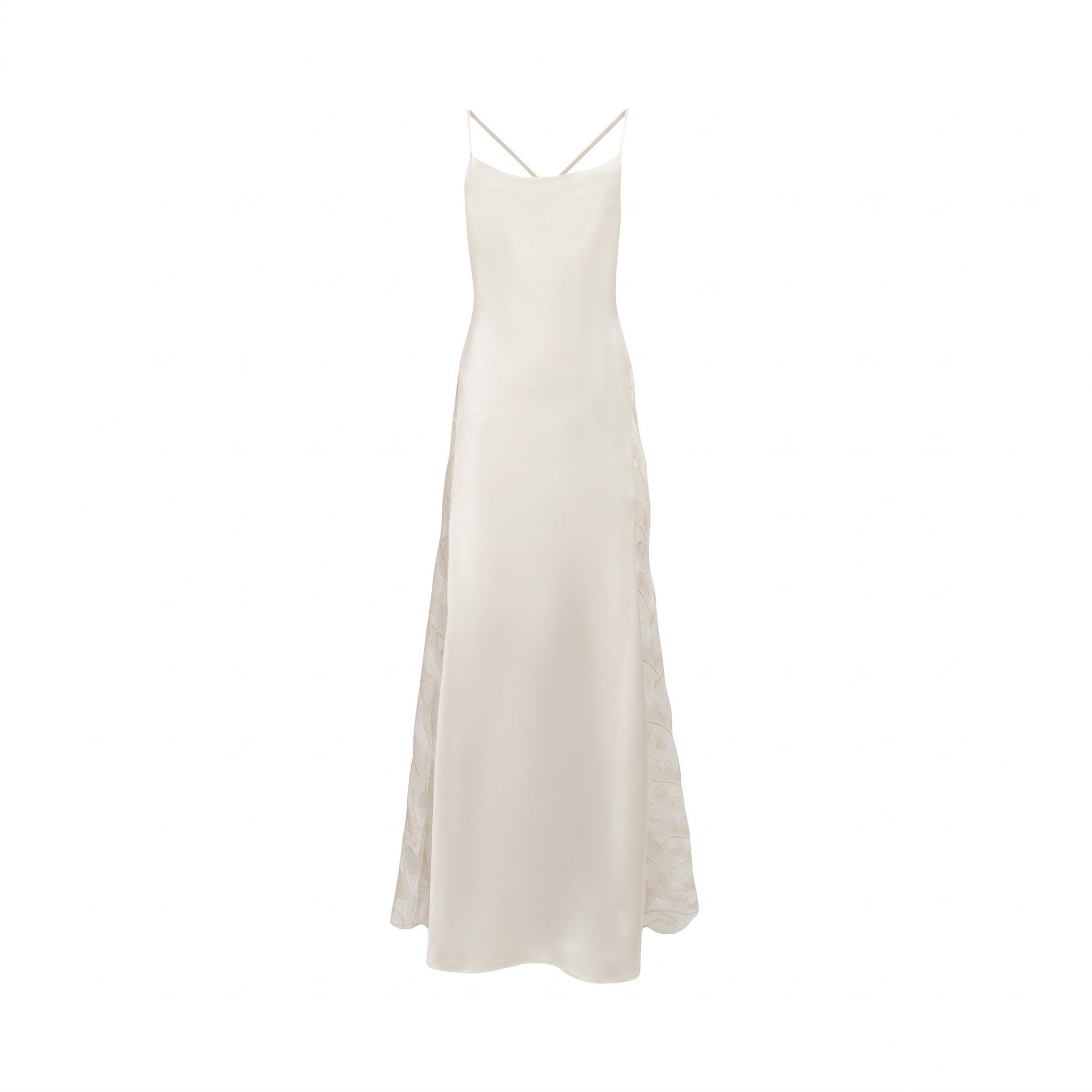 Cream satin long slip dress with thin criss-cross straps and mesh side panels featuring subtle leaf embroidery.