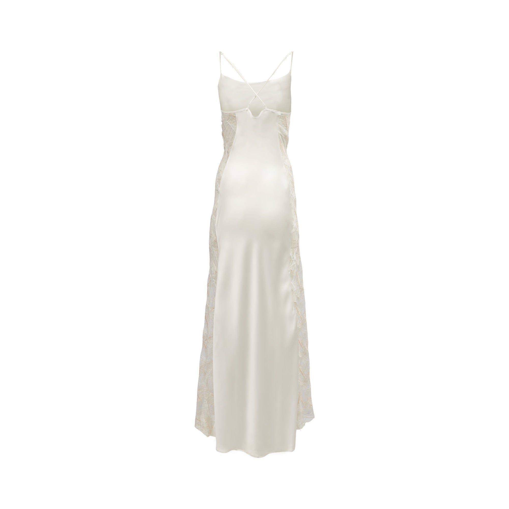 Ivory long satin slip dress with criss-cross back straps and sheer embroidered lace panels down both sides.