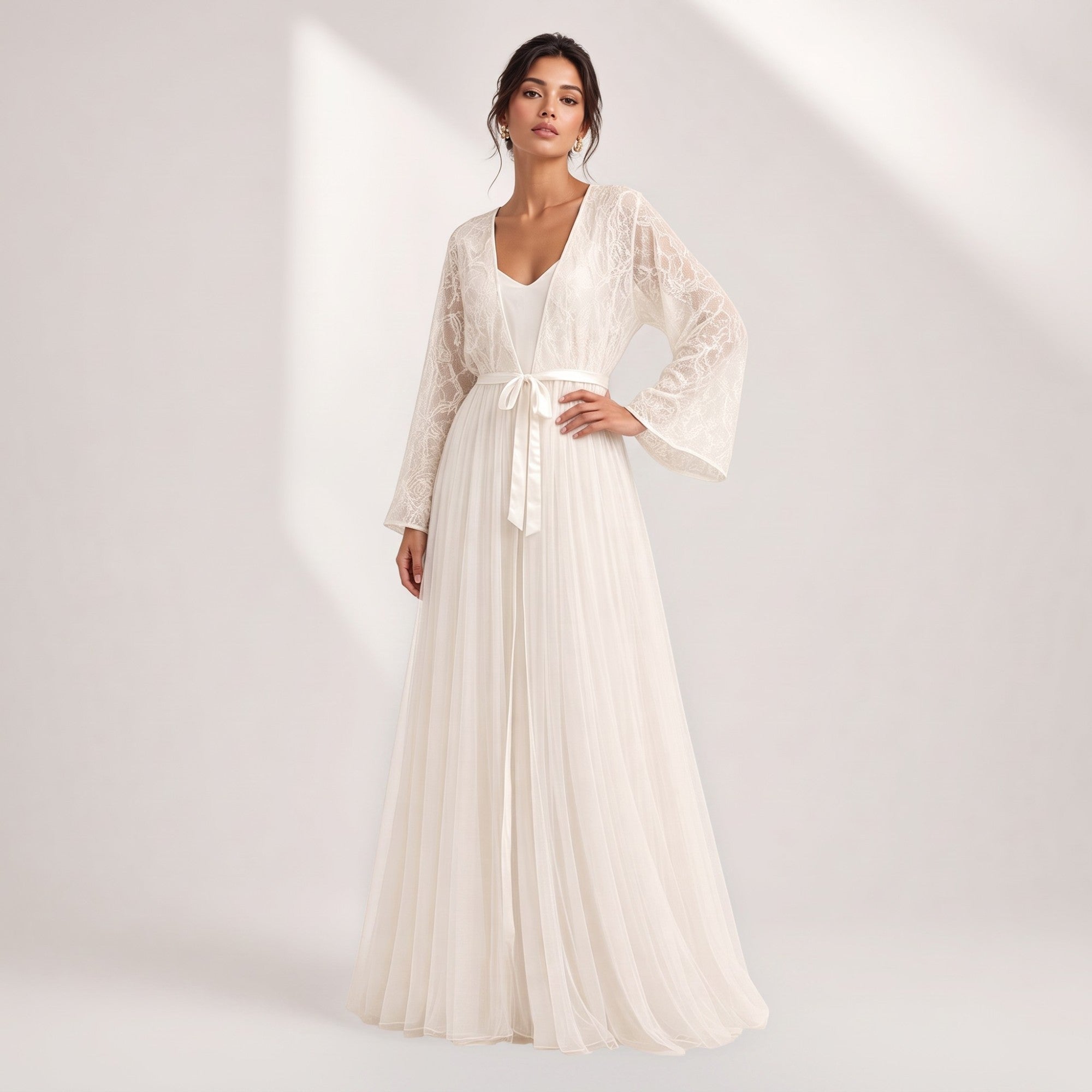 Ivory two-piece set: V-neck satin slip dress with a pleated mesh skirt, and a sheer embroidered mesh robe with bell sleeves a