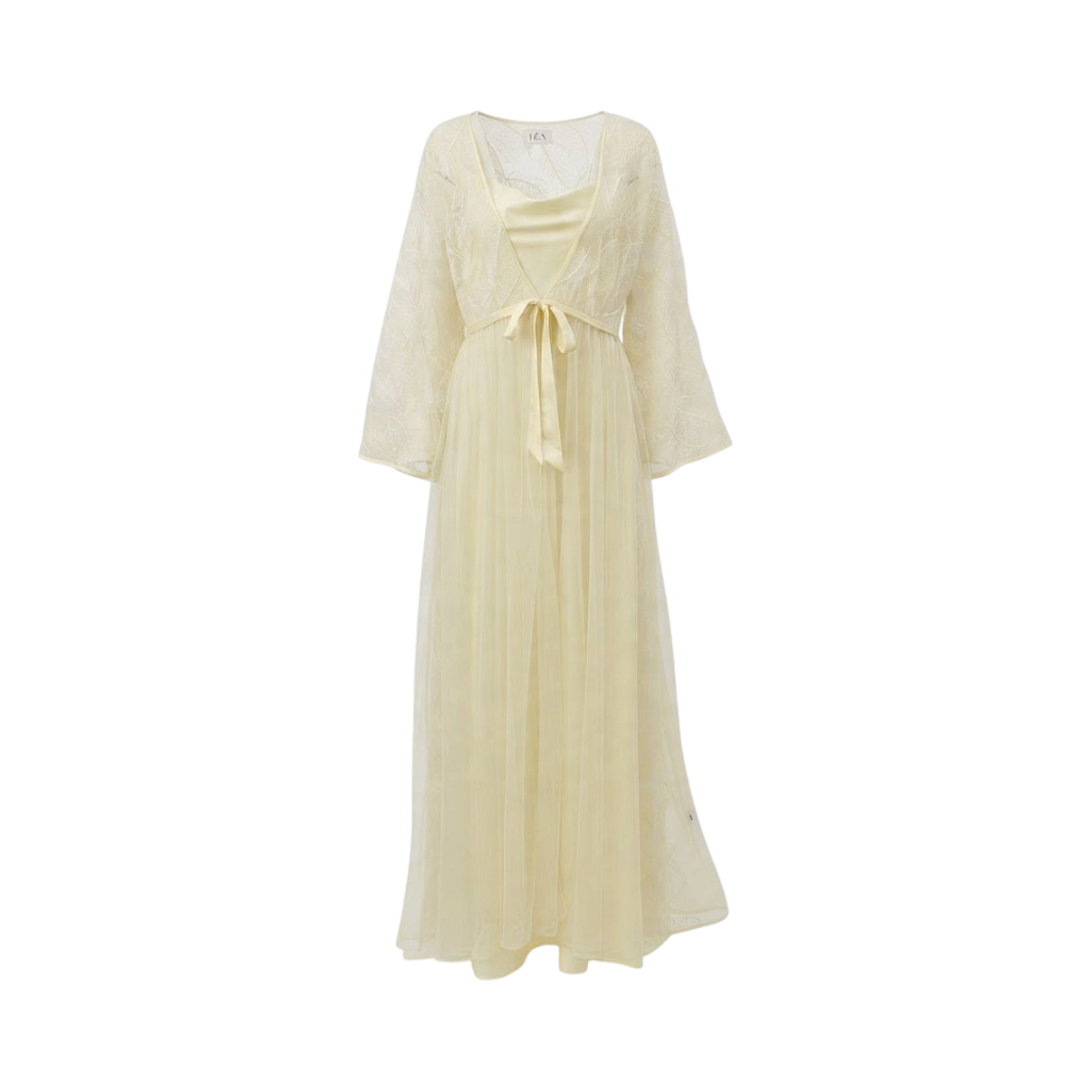 Pale yellow long two-piece set with a satin slip dress and an embroidered sheer mesh robe with wide sleeves and a tie waist.