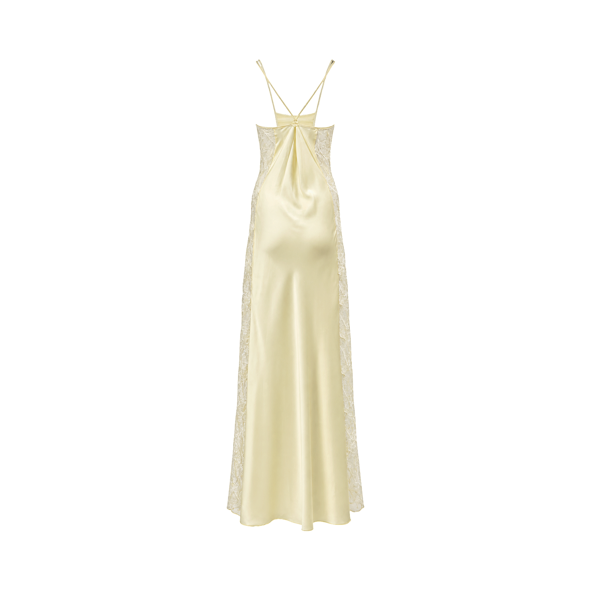 Pale yellow satin long slip dress with thin, adjustable gold-toned crossed back straps and cream lace panels down the sides.
