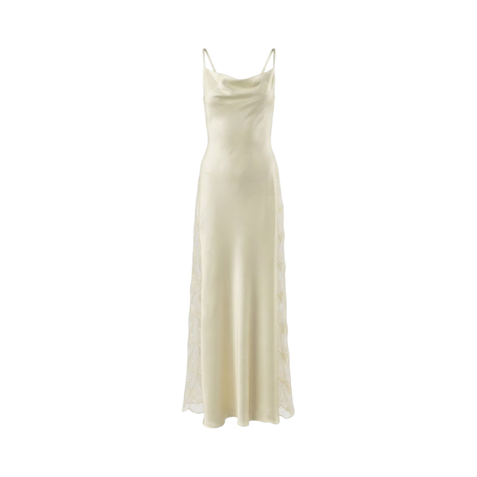 Cream long satin slip dress with cowl neck and thin straps. Features sheer mesh side panels with delicate embroidery.