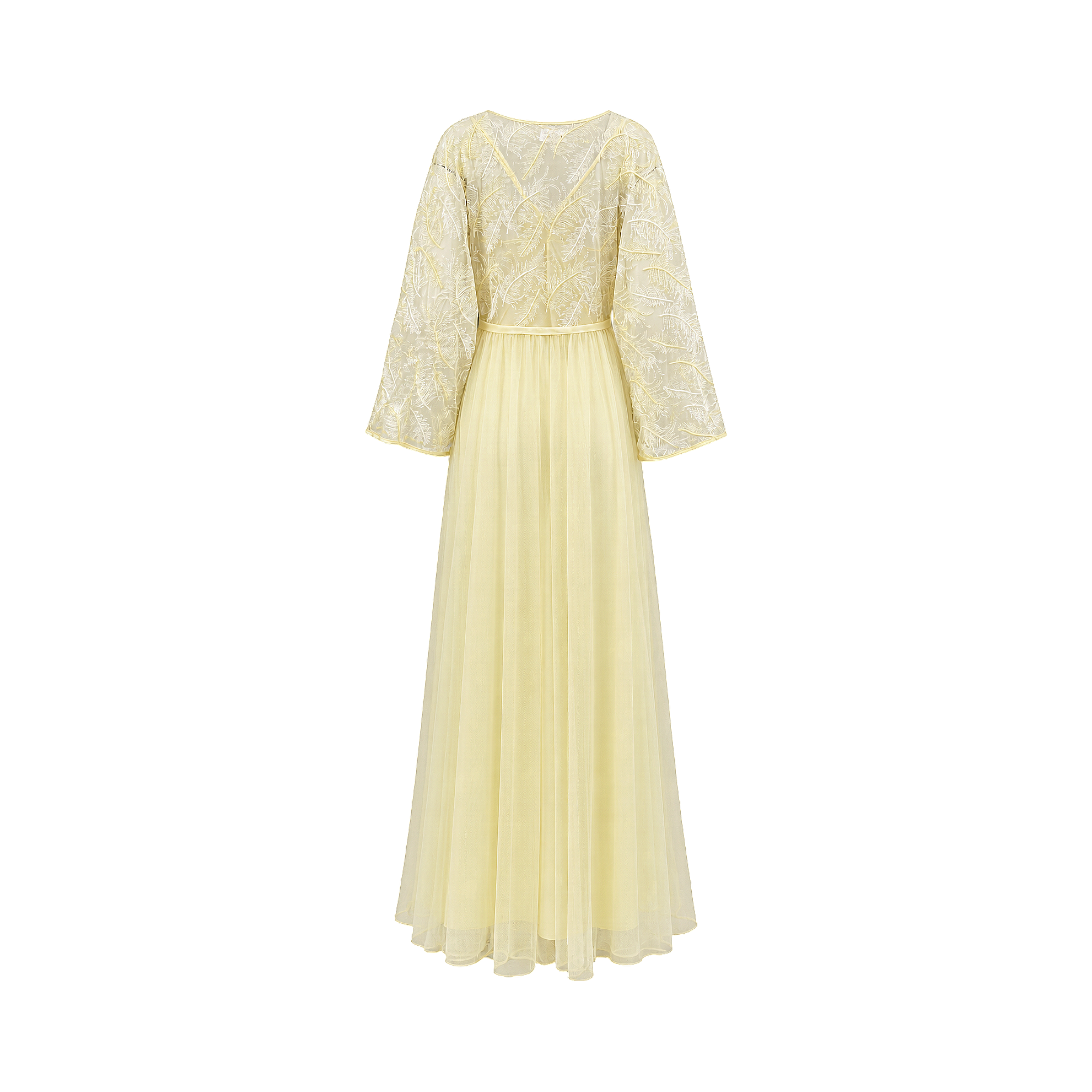 Light yellow two-piece set. Sheer mesh robe with white leaf embroidery, wide sleeves, and tie-waist. Long, flowing mesh skirt