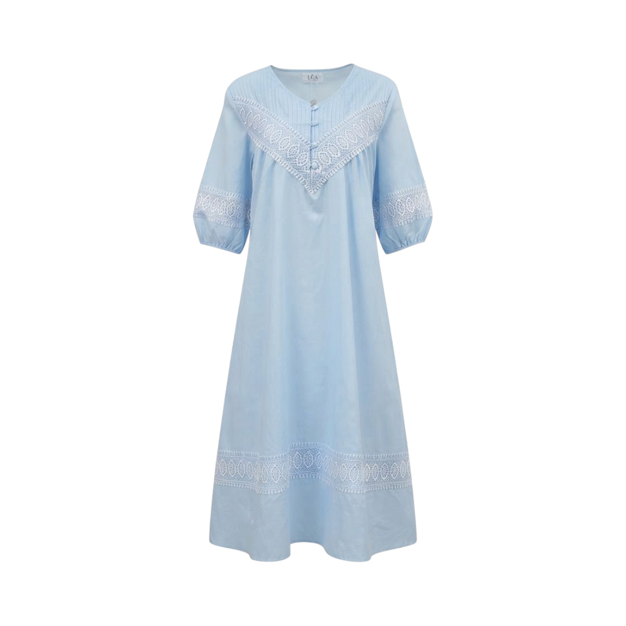 Light blue cotton midi dress with a V-neck, three-quarter sleeves, and white floral embroidery on the bodice, sleeves, and he