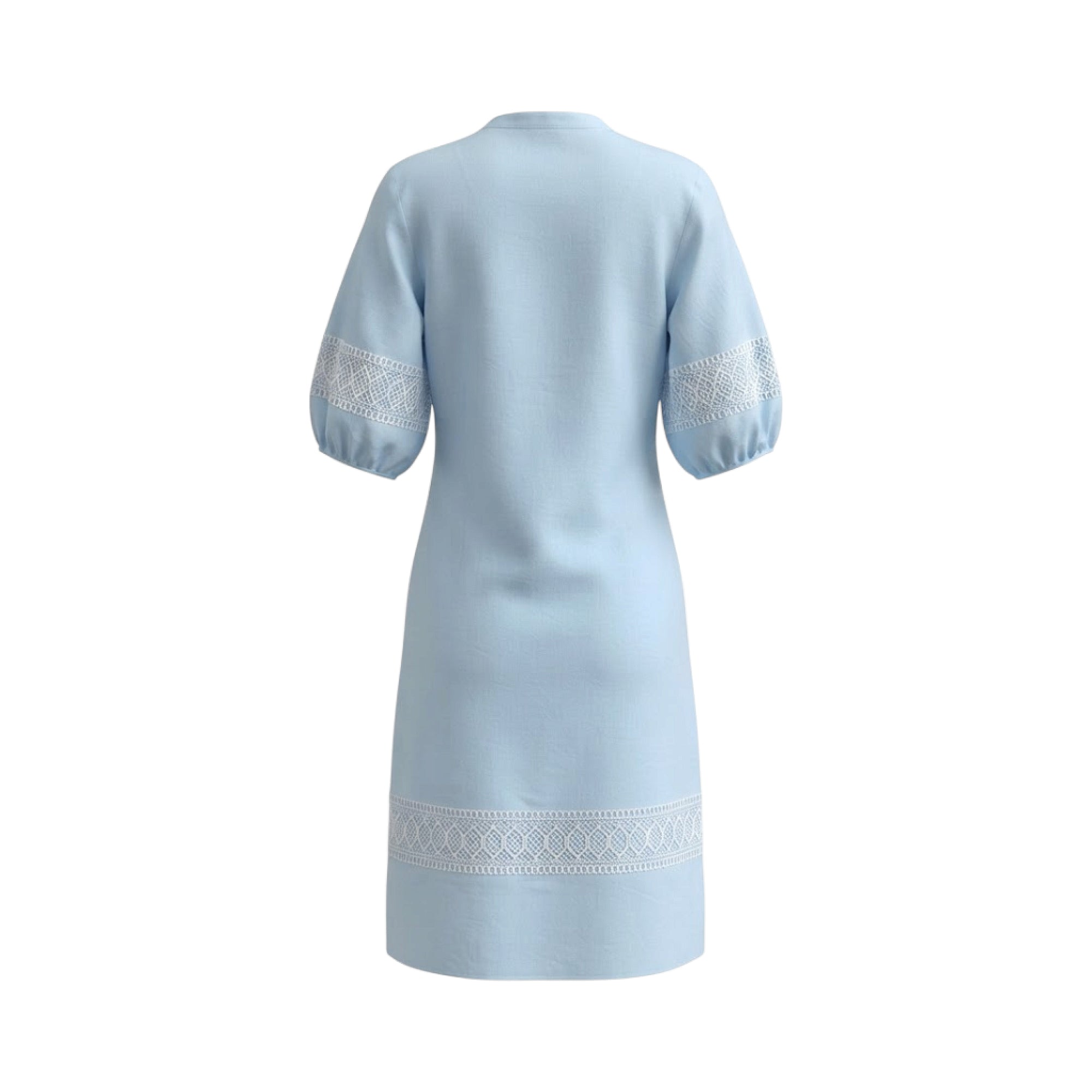 Light blue cotton midi dress with short puffed sleeves and white lace embroidery bands on sleeves and near hem. Band collar.