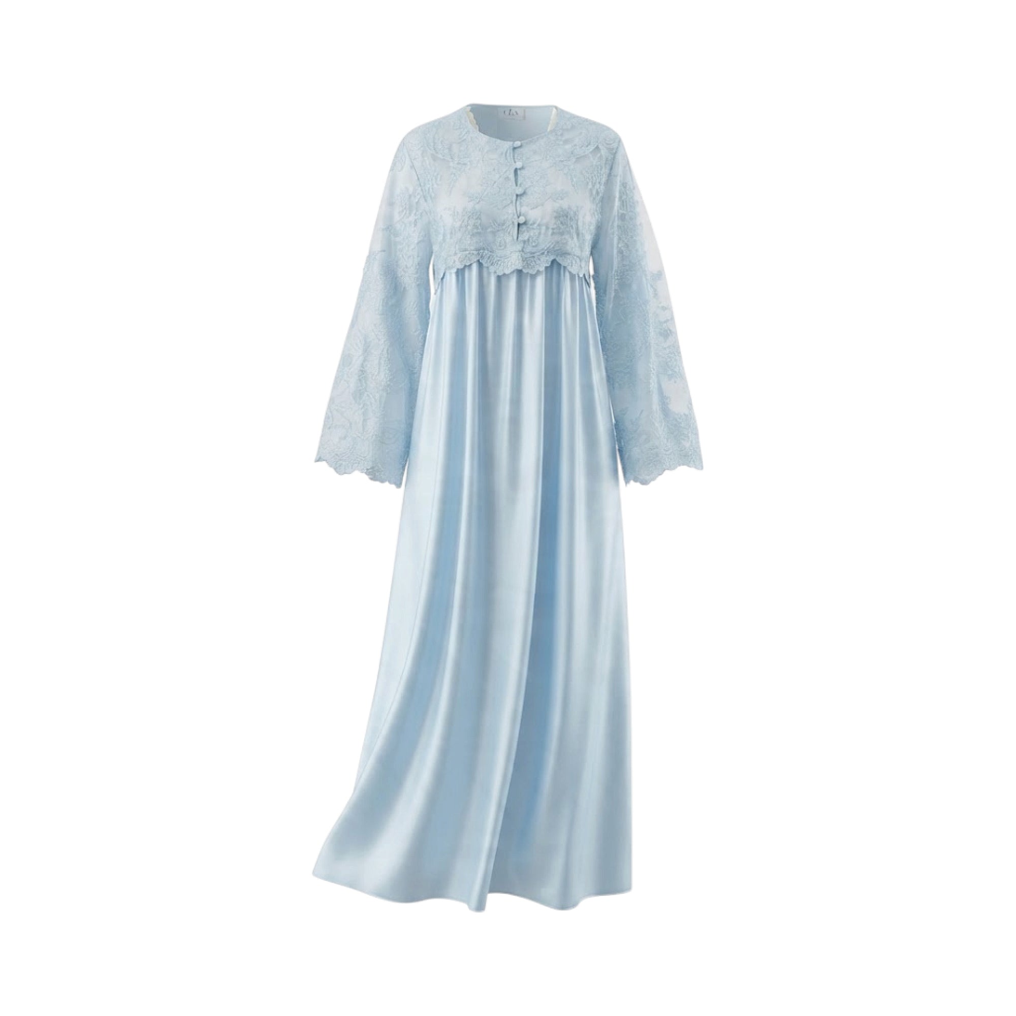Light blue long abaya with embroidered lace bodice and sleeves, and a flowing silky skirt.