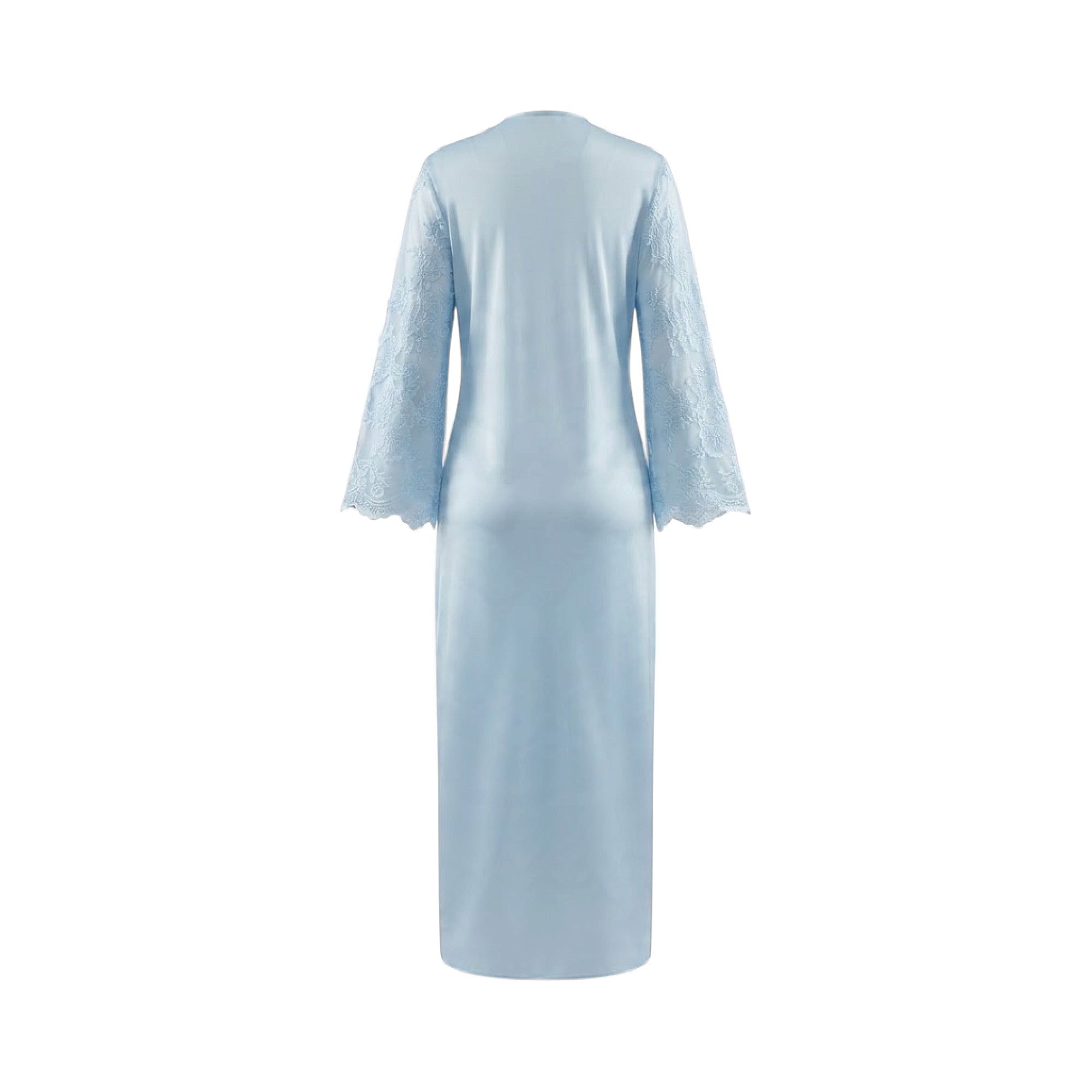Light blue silky long abaya, back view. Features long bell sleeves with intricate lace embroidery and scalloped cuffs.