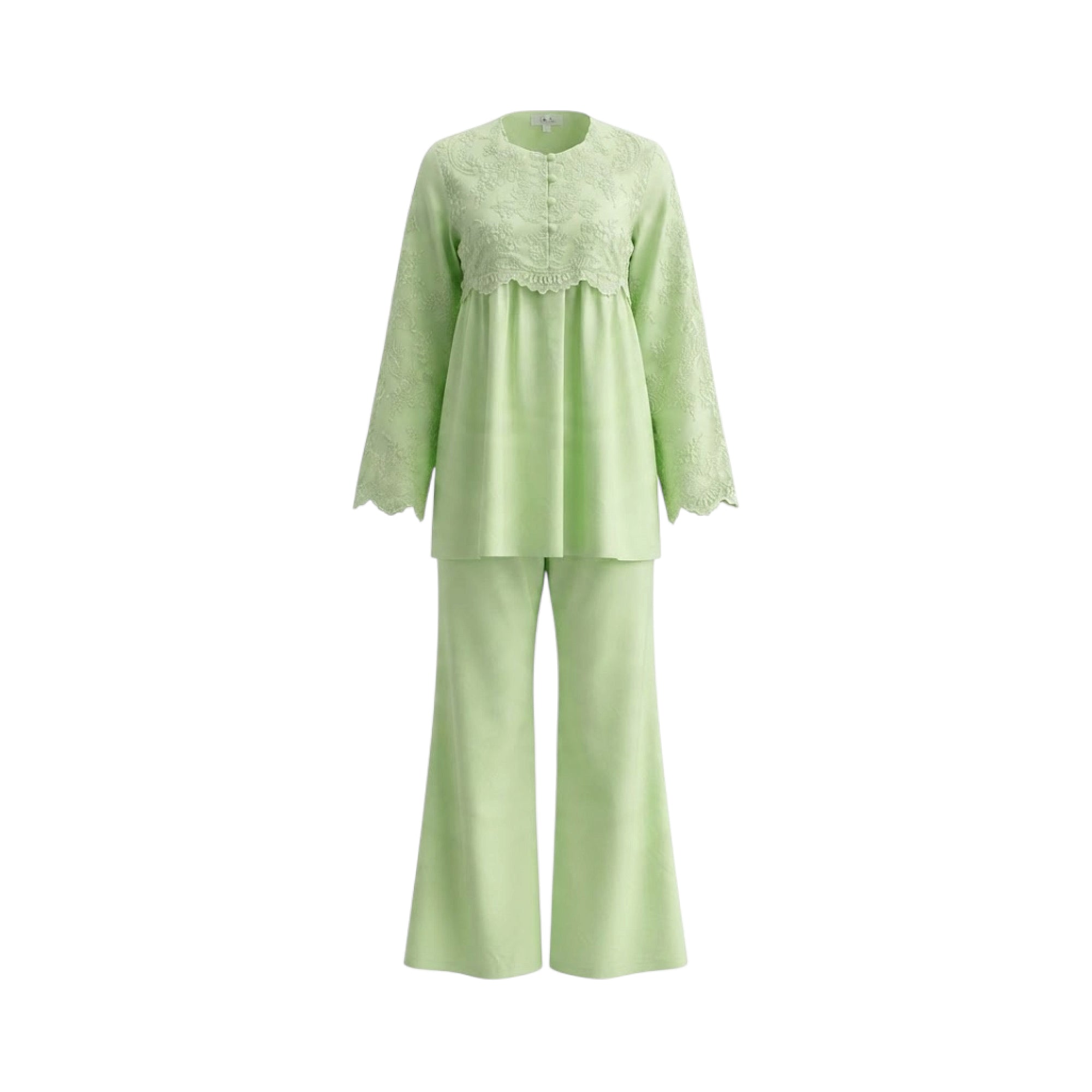 Light green two-piece pajama set. Tunic top with embroidered bodice, scalloped peplum, and scalloped long sleeves. Wide-leg p
