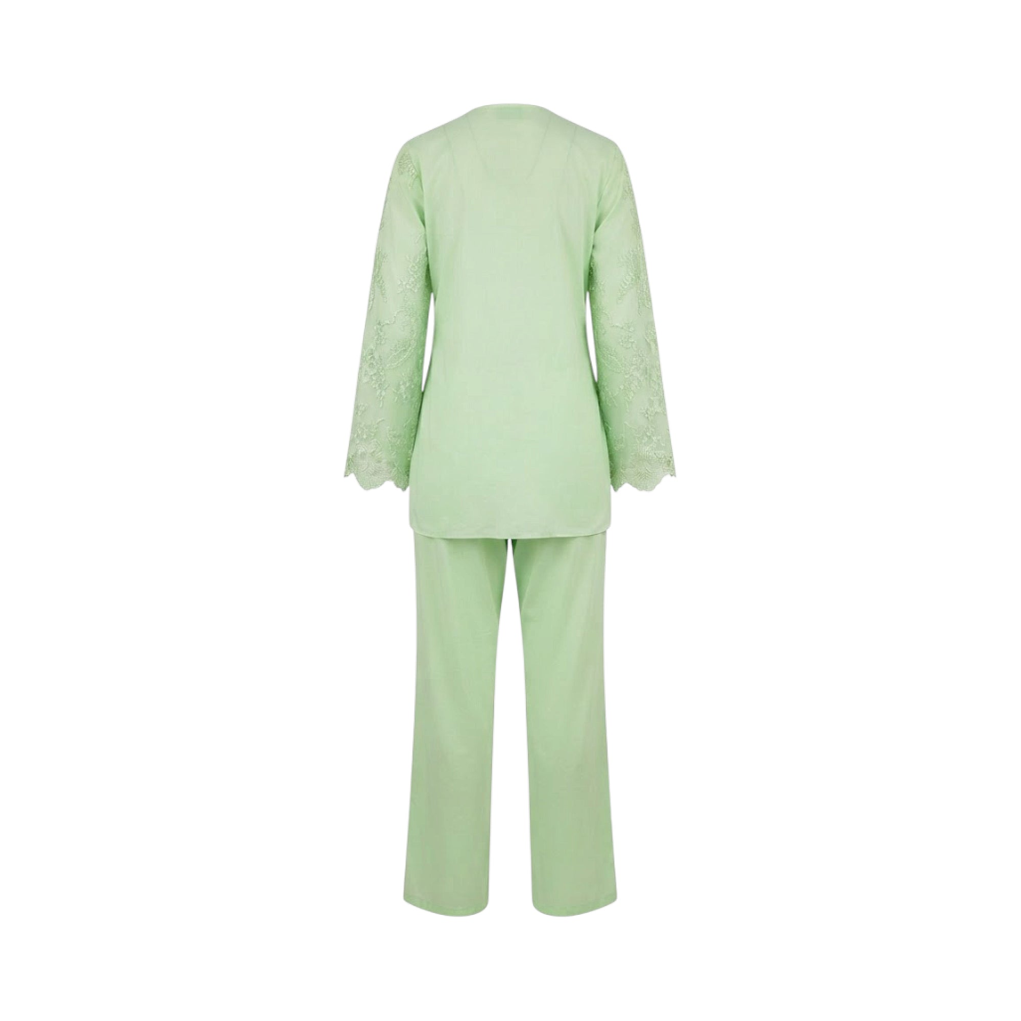 Light green pajama set. Tunic top has embroidered long sleeves with scalloped cuffs and hem. Plain straight-leg pants.