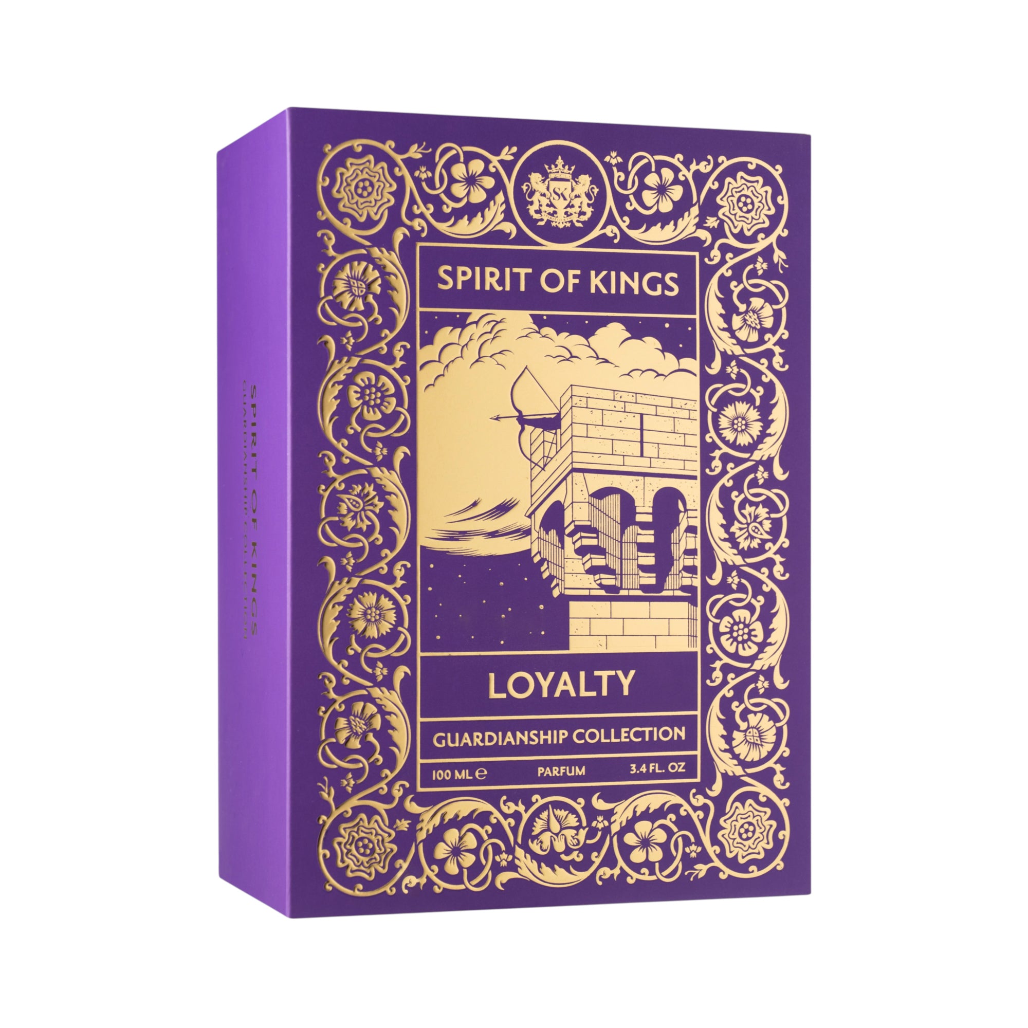 Purple rectangular box with gold-toned ornate border, castle illustration, and "Spirit of Kings Loyalty" text. Side has verti