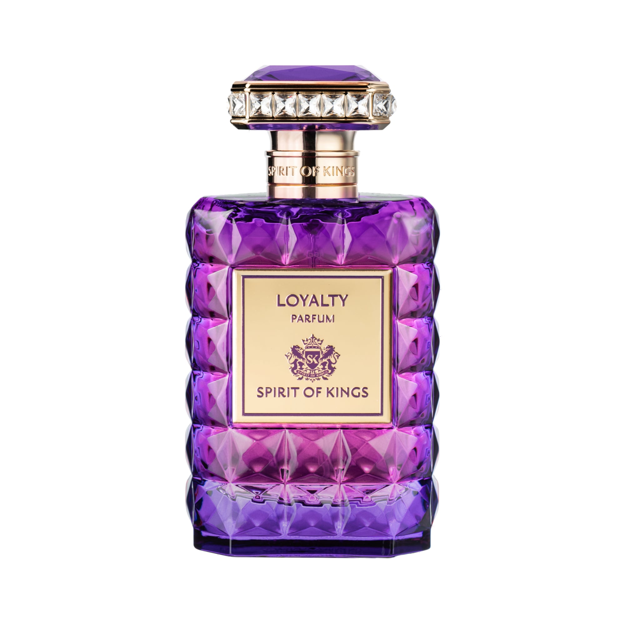 Purple faceted glass perfume bottle with a gold-toned neck and an ornate purple and clear crystal-embellished cap.