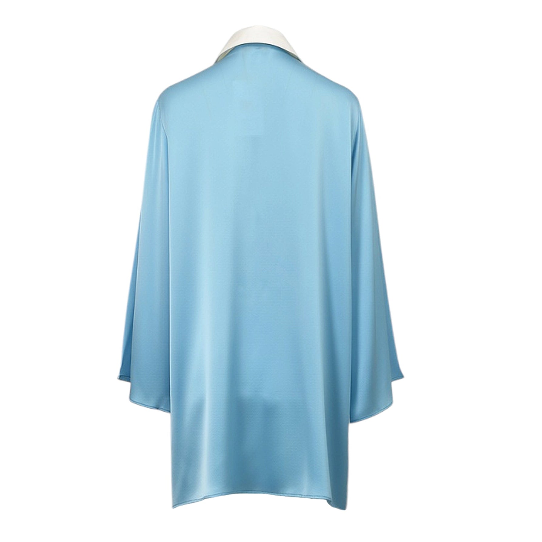 Aqua blue silk dress with a white collar, long wide sleeves, and a straight hem.