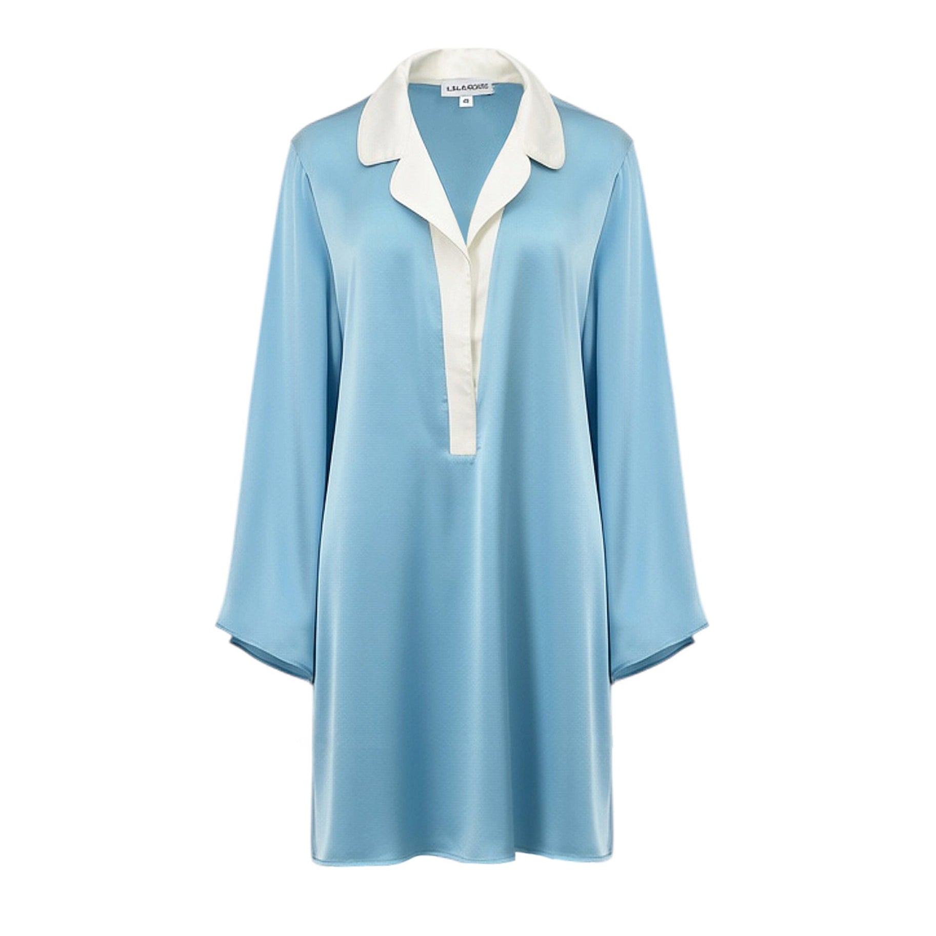 Aqua silk relaxed-fit dress with long wide sleeves, a white pointed collar, and a white partial V-neck placket.