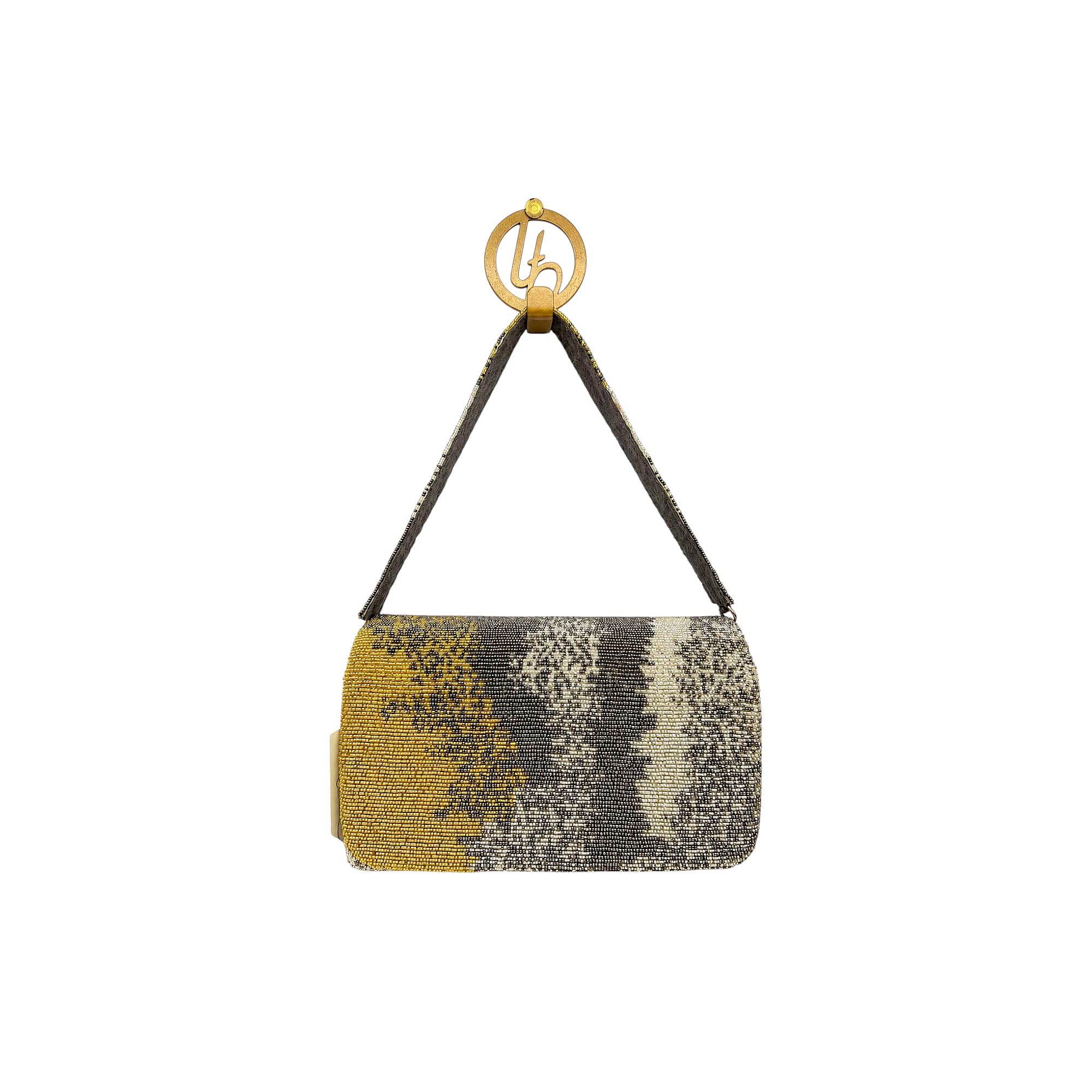 Flapover clutch bag with a beaded abstract pattern in gold, grey, and off-white, featuring a short beaded strap and circular