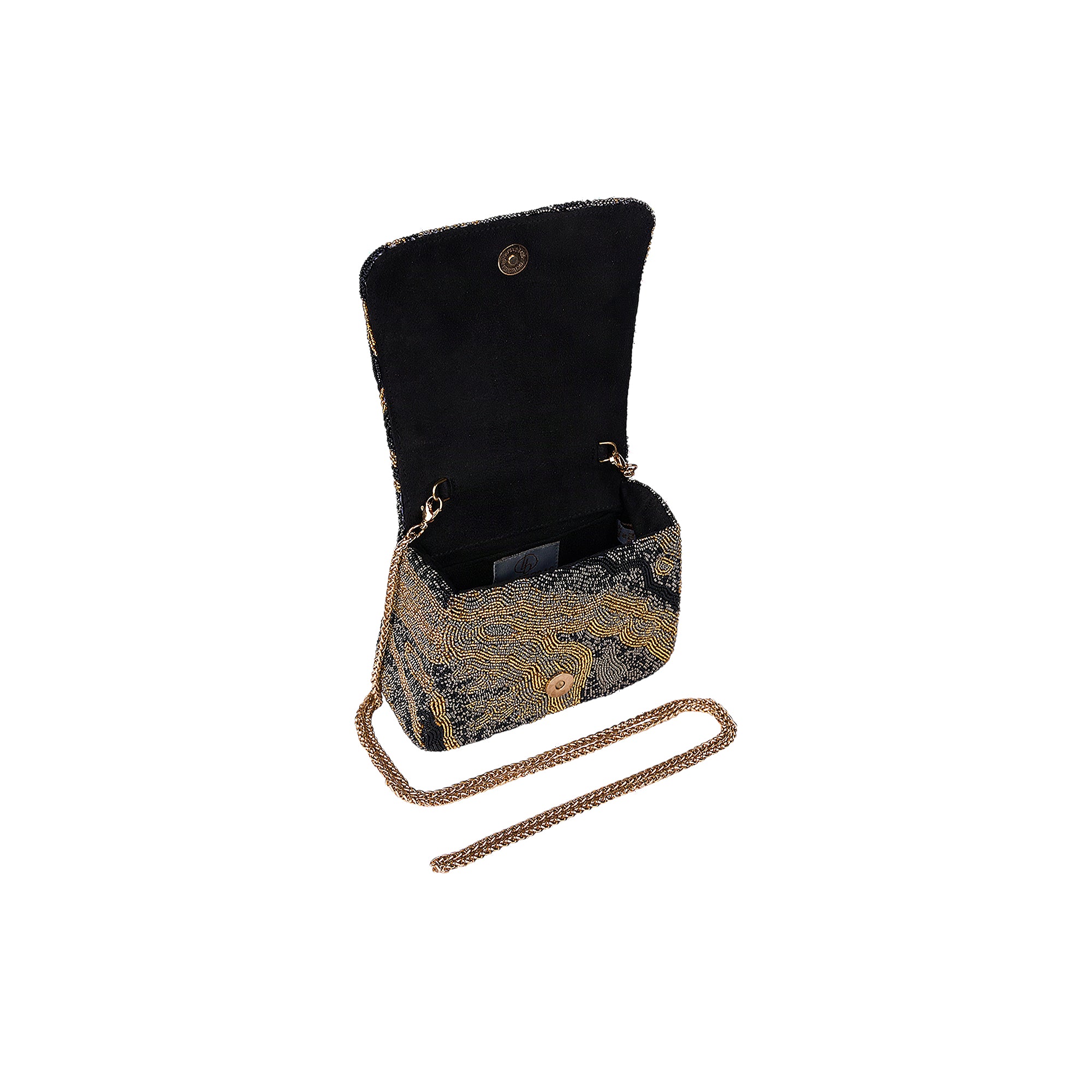 Mini trapezium bag, black with gold-toned swirling beadwork. Features a gold-toned chain strap and magnetic snap closure.