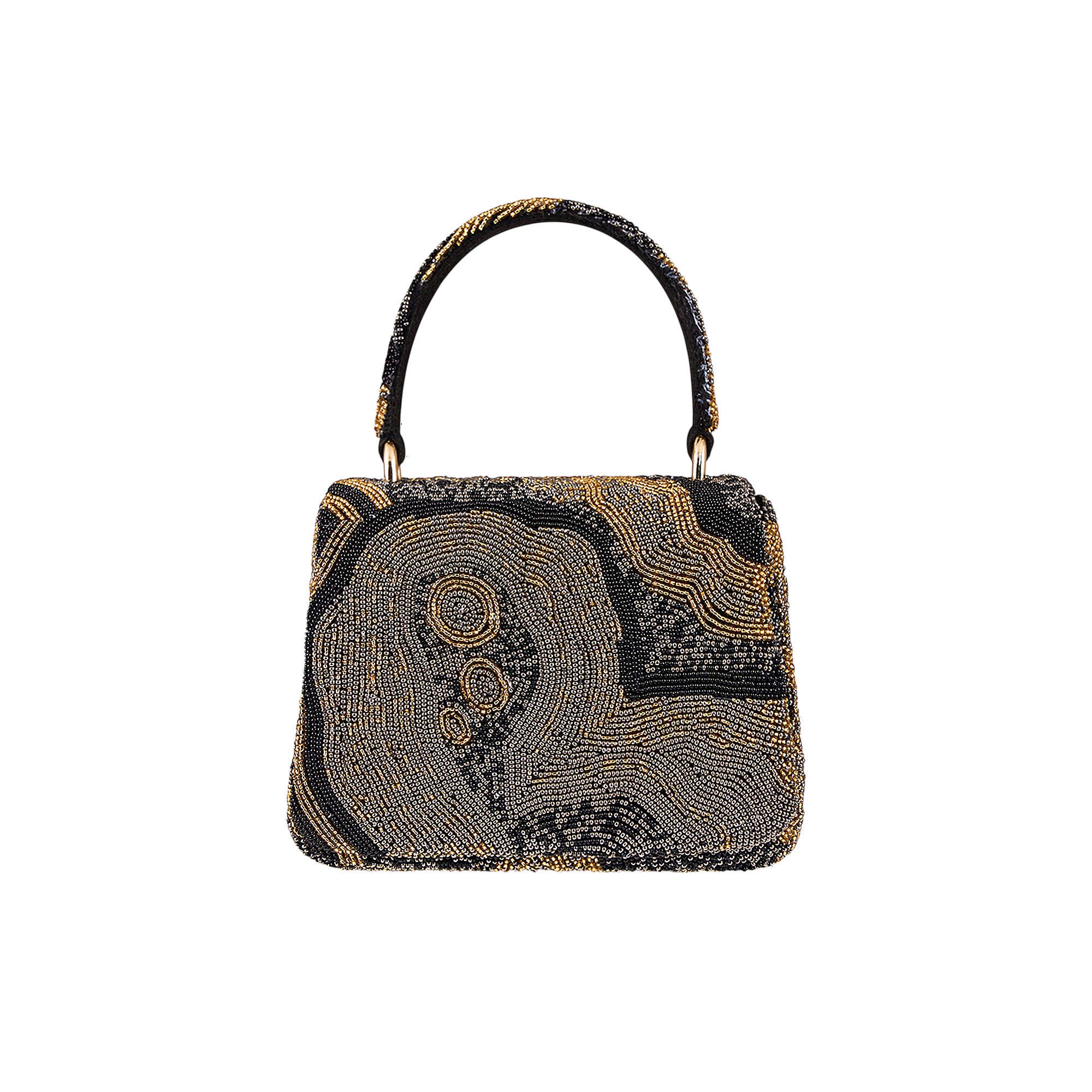 Mini trapezium handbag covered in black, gold-toned, and silver-toned beads, forming an abstract swirling pattern. Features a