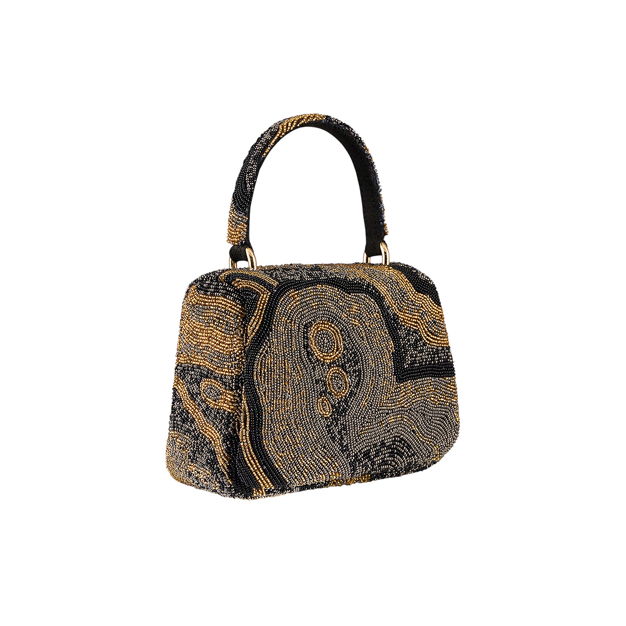 Mini trapezium handbag covered in black and gold-toned beads forming an abstract, organic pattern. Features a beaded top hand