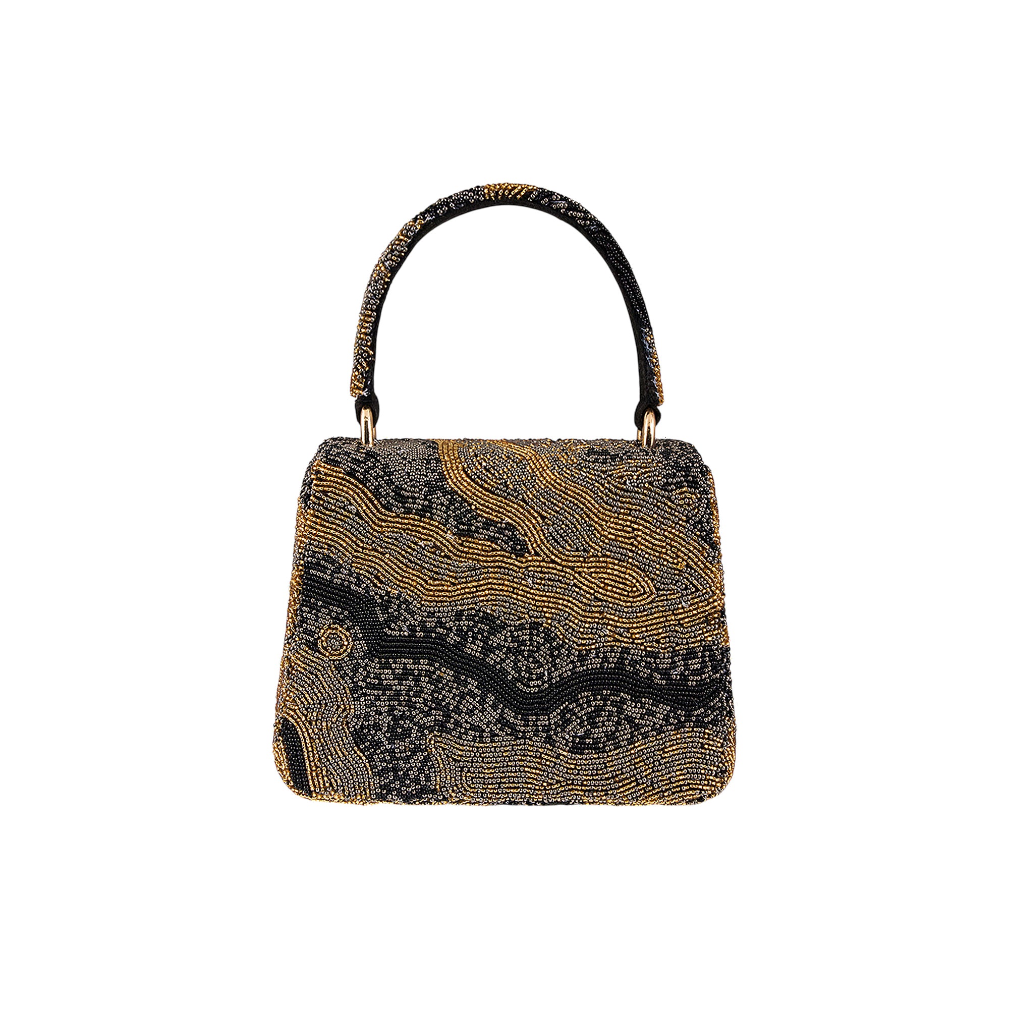 Mini trapezium handbag with a wavy pattern of black and gold-toned beads. Features a beaded top handle and rose gold-toned ha
