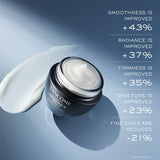 Open dark glass jar of Lancôme Advanced Génifique Night Cream with silver-toned rim, revealing white cream inside. A swipe of