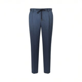 Blue woven tapered pants with a black drawstring waist, tied in a bow, featuring gold-toned tips. Includes belt loops and sin