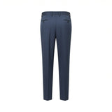 Blue dress pants, back view, with a textured weave, standard waistband, belt loops, and two buttoned back welt pockets.