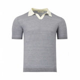 Light grey fine knit short-sleeve polo shirt with a cream spread collar, V-neck opening, and ribbed cuffs and hem.
